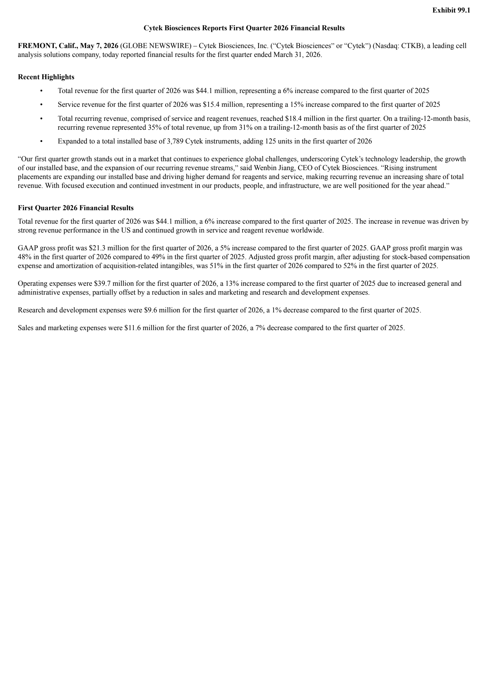 Cytek Biosciences' Q1 2026 Press Release
