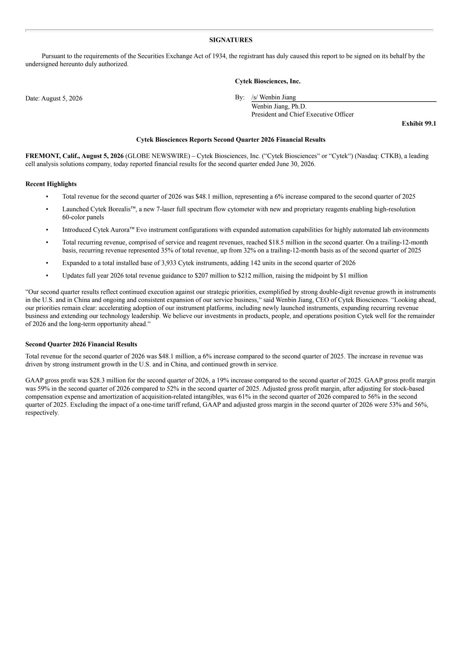 Cytek Biosciences' Q2 2026 Press Release