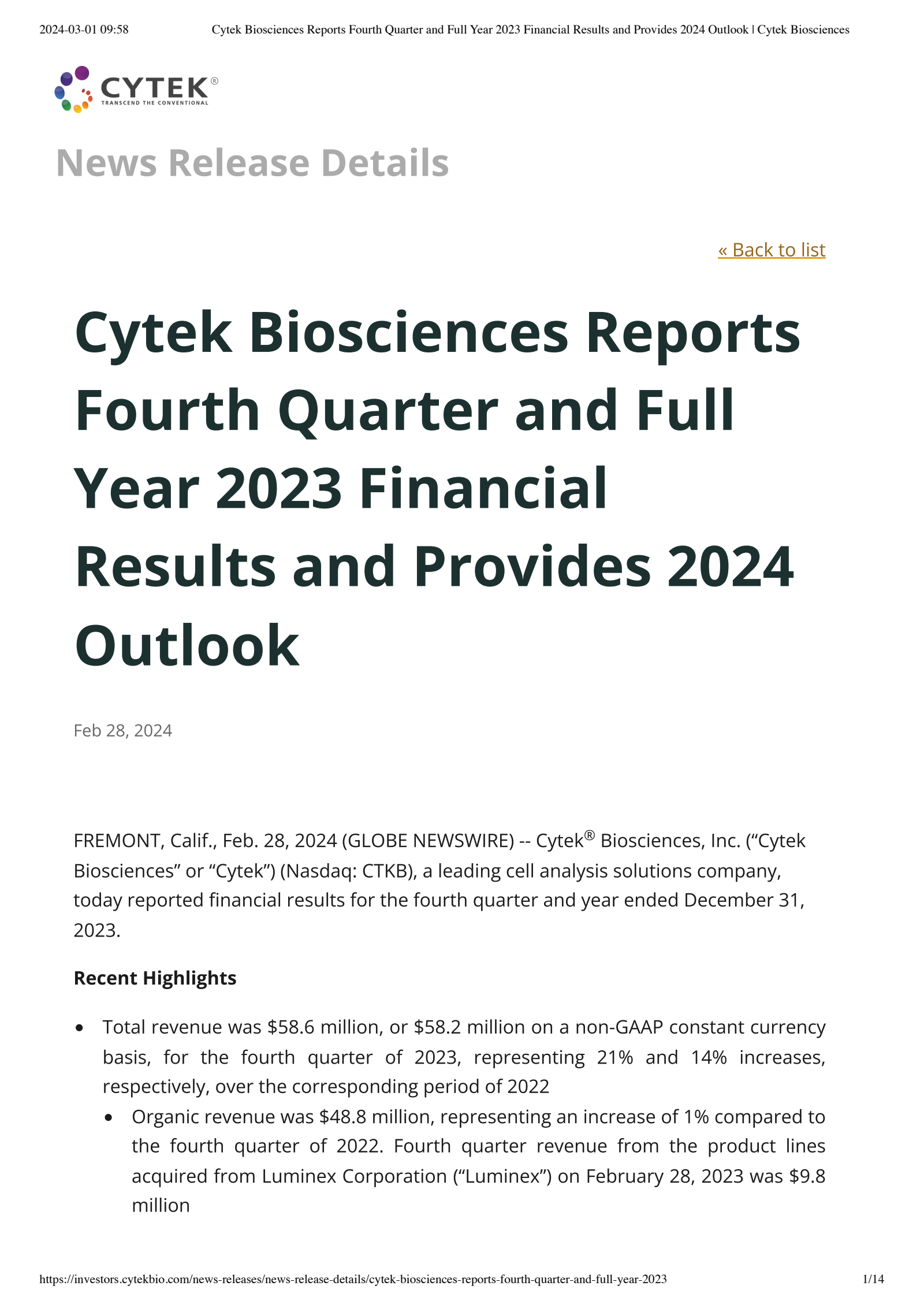 Cytek Biosciences' Q4 2023 Press Release