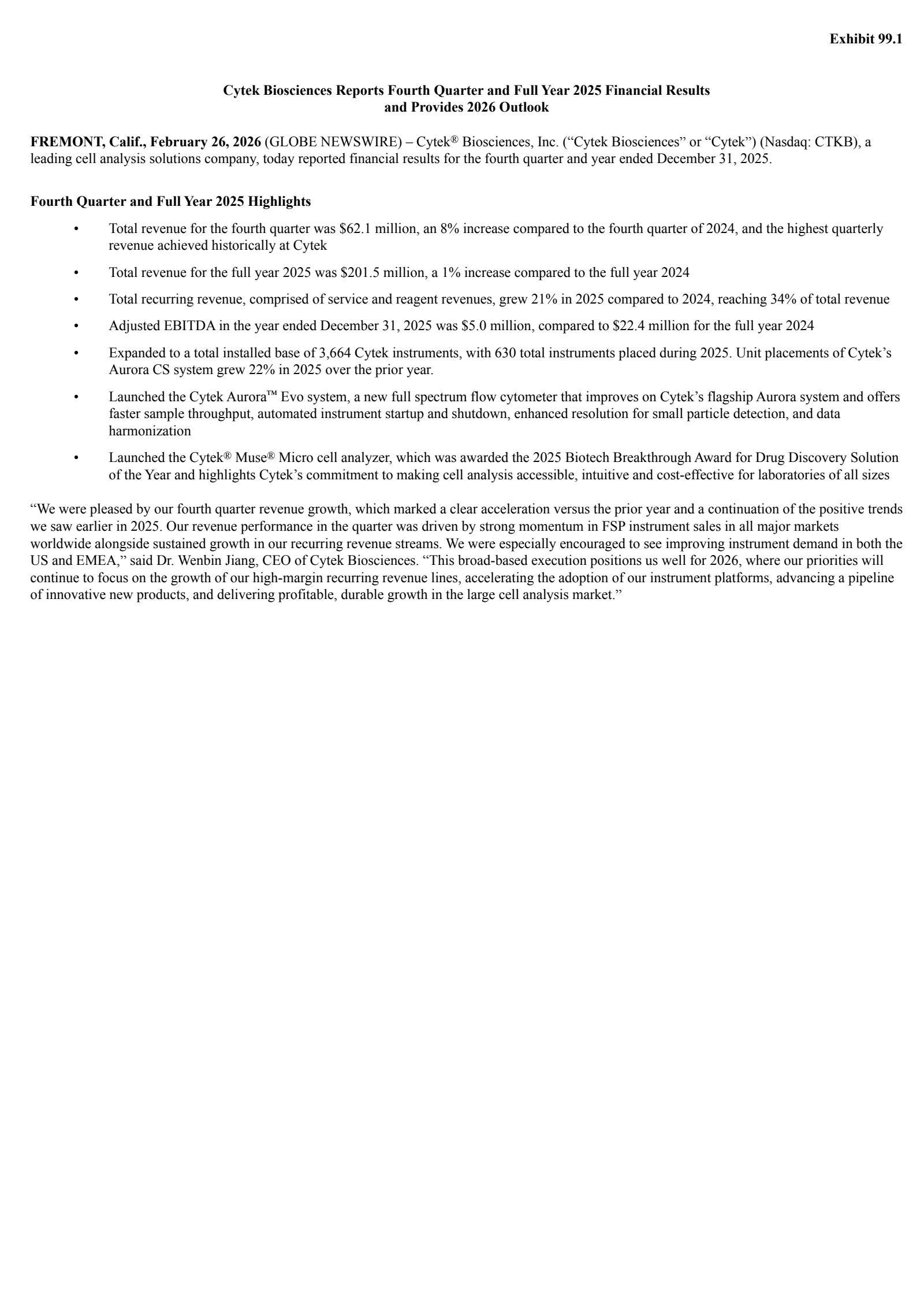 Cytek Biosciences' Q4 2025 Press Release
