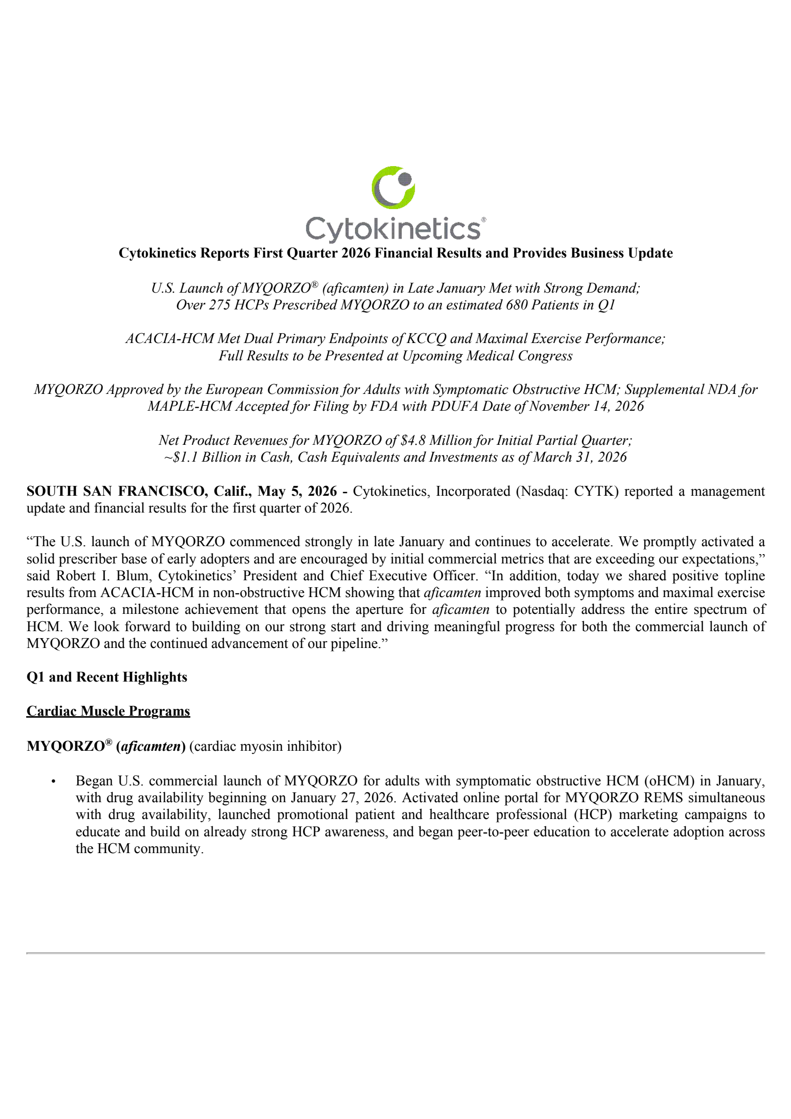 Cytokinetics' Q1 2026 Press Release
