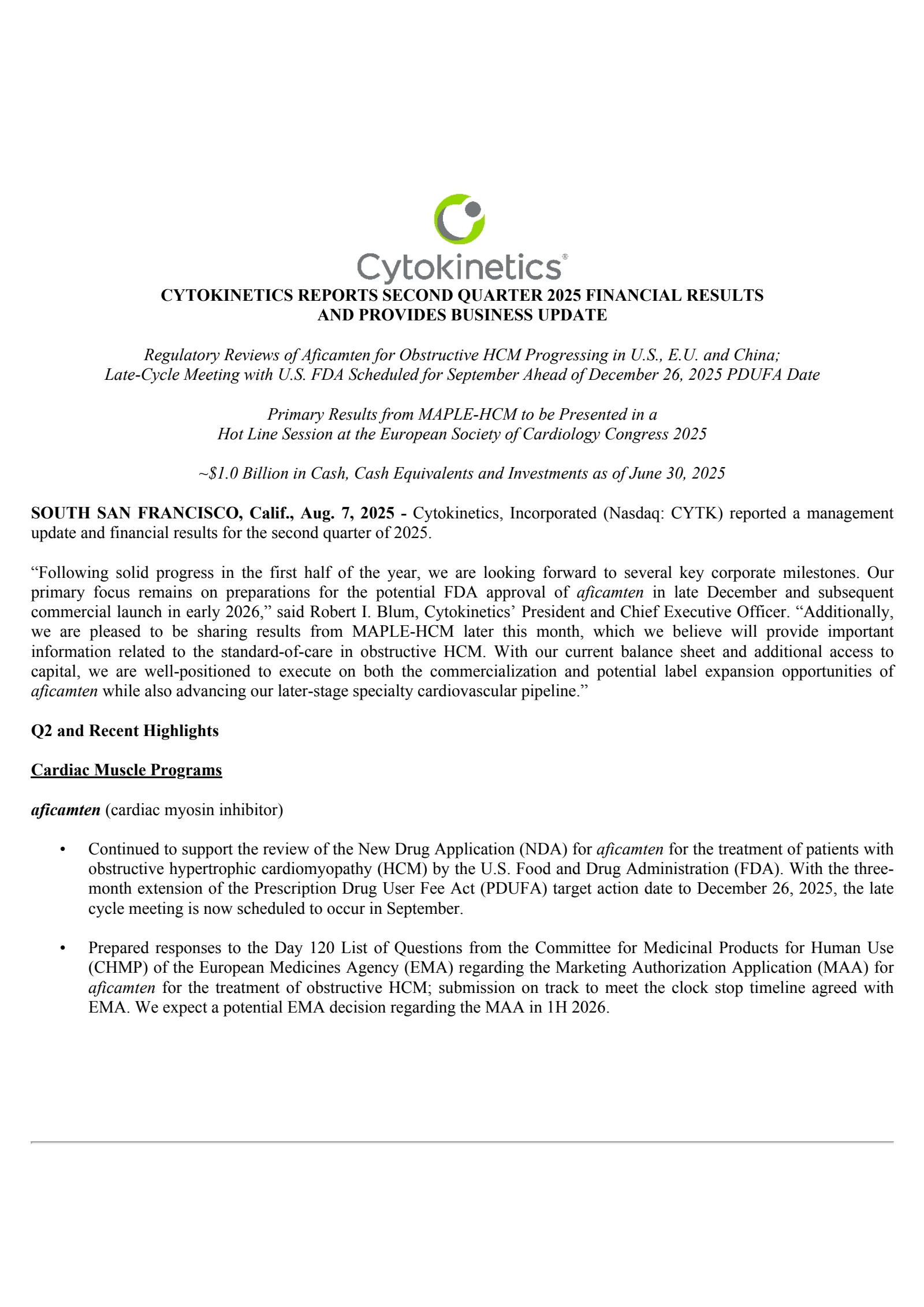 Cytokinetics' Q2 2025 Press Release