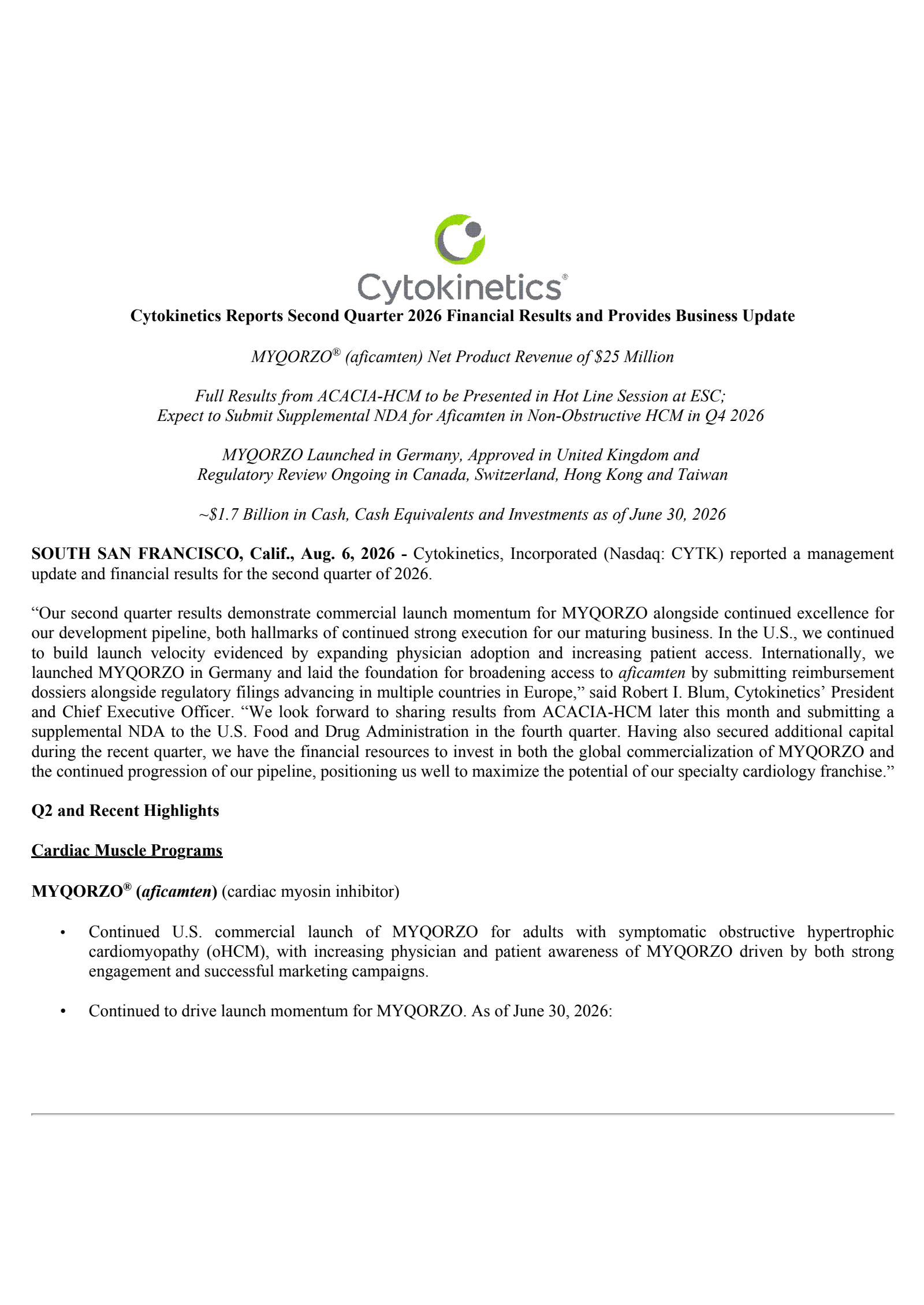 Cytokinetics' Q2 2026 Press Release