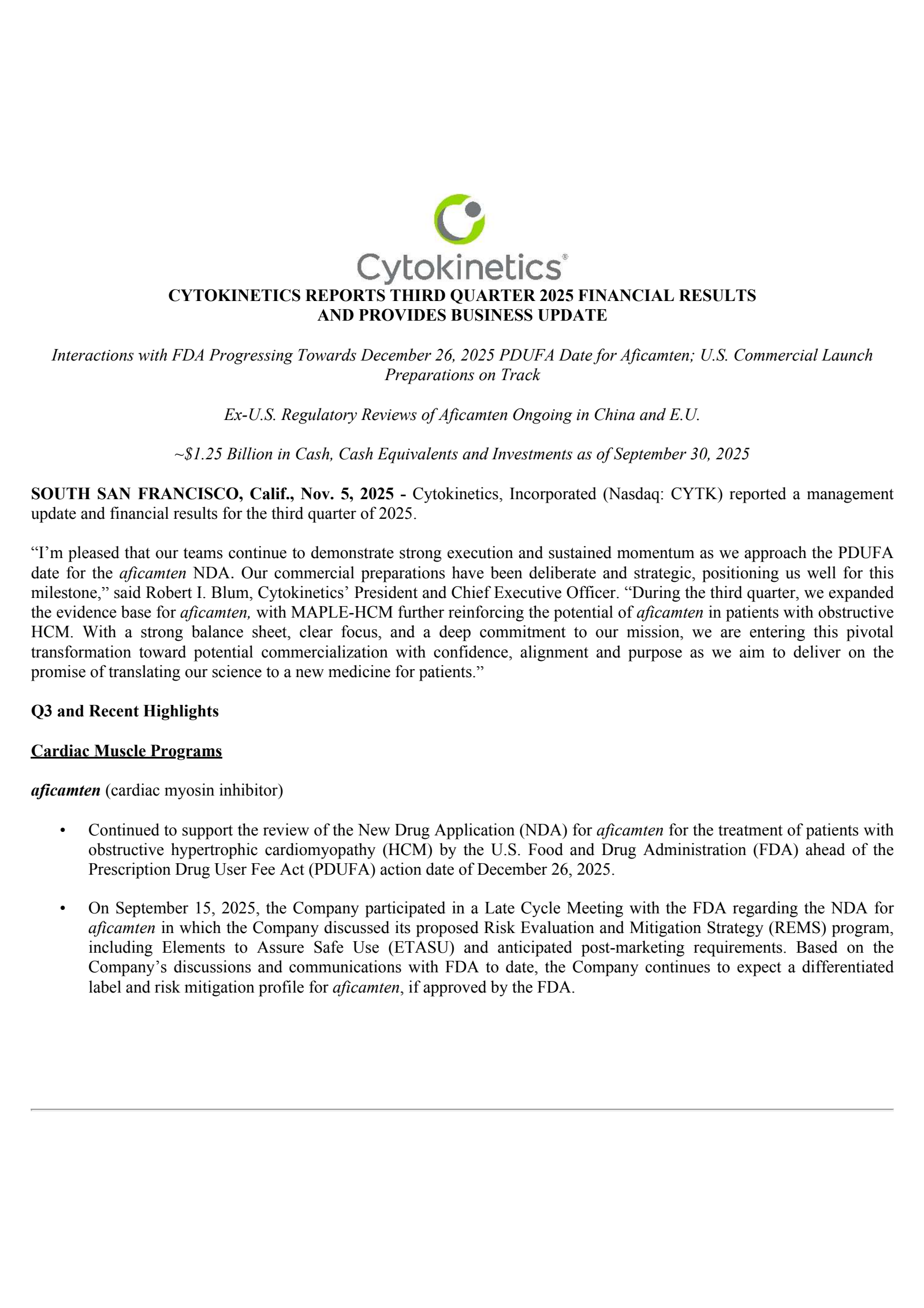 Cytokinetics' Q3 2025 Earnings Release