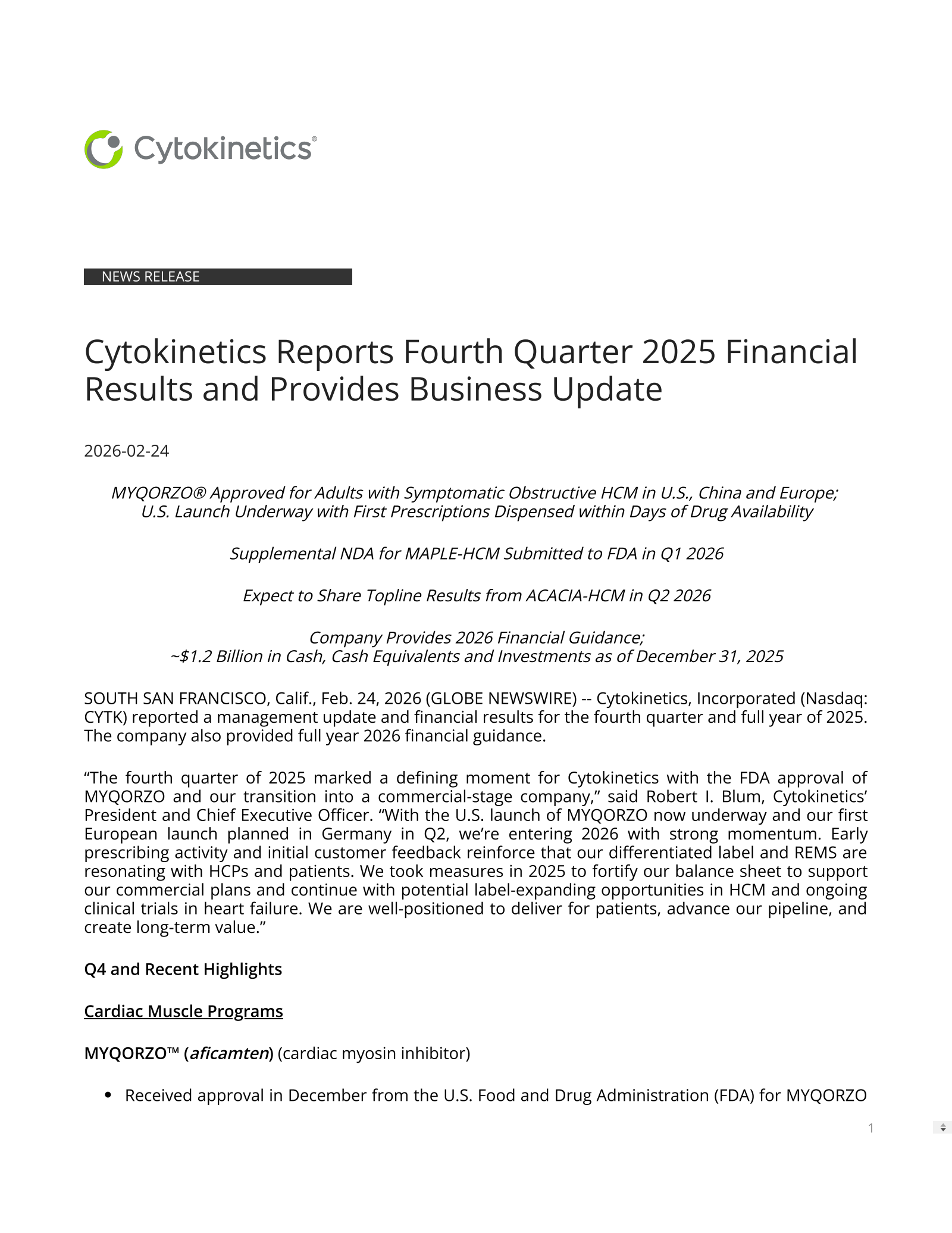 Cytokinetics' Q4 2025 Press Release