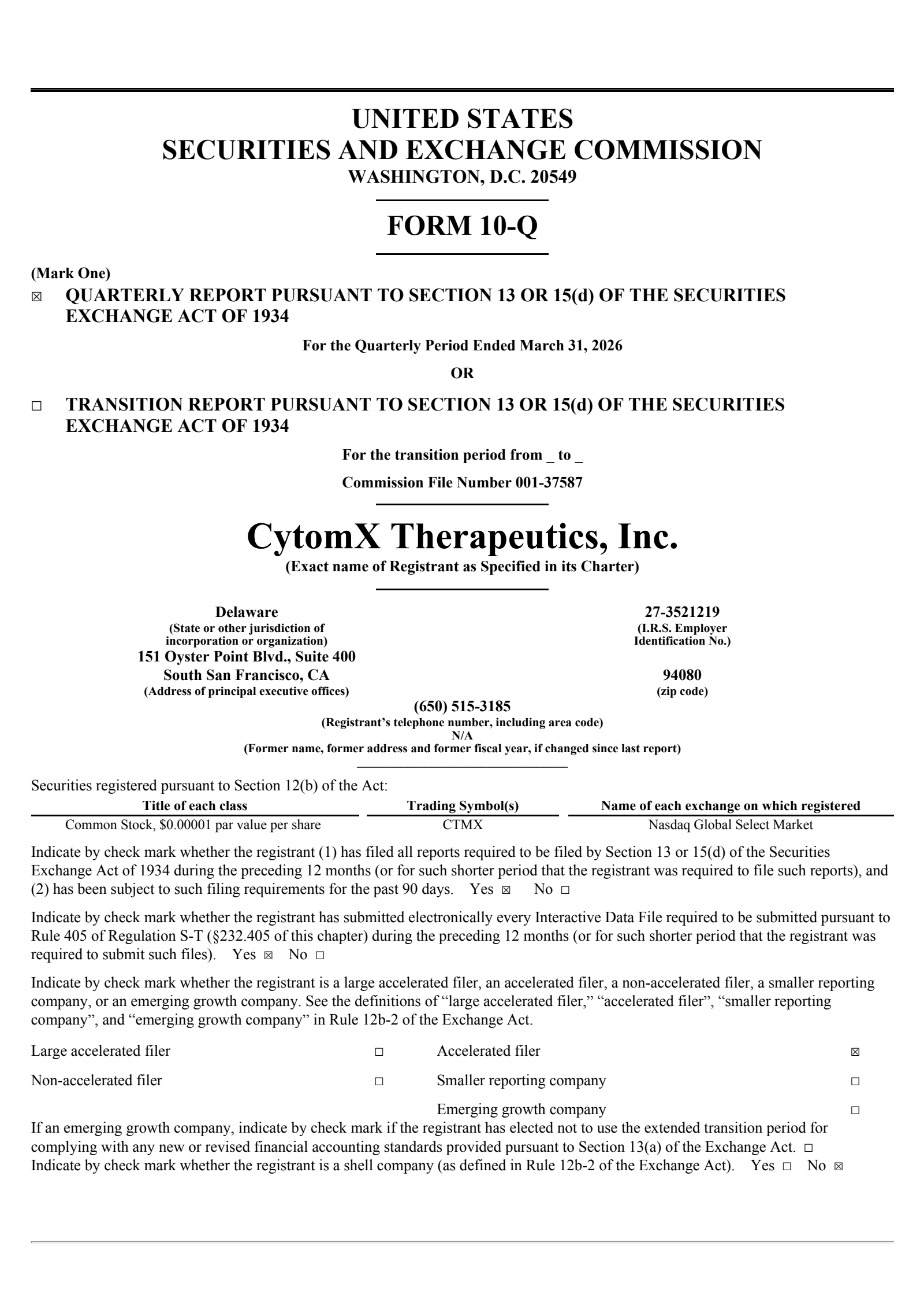 CytomX Therapeutics' Q1 2026 Quarterly report
