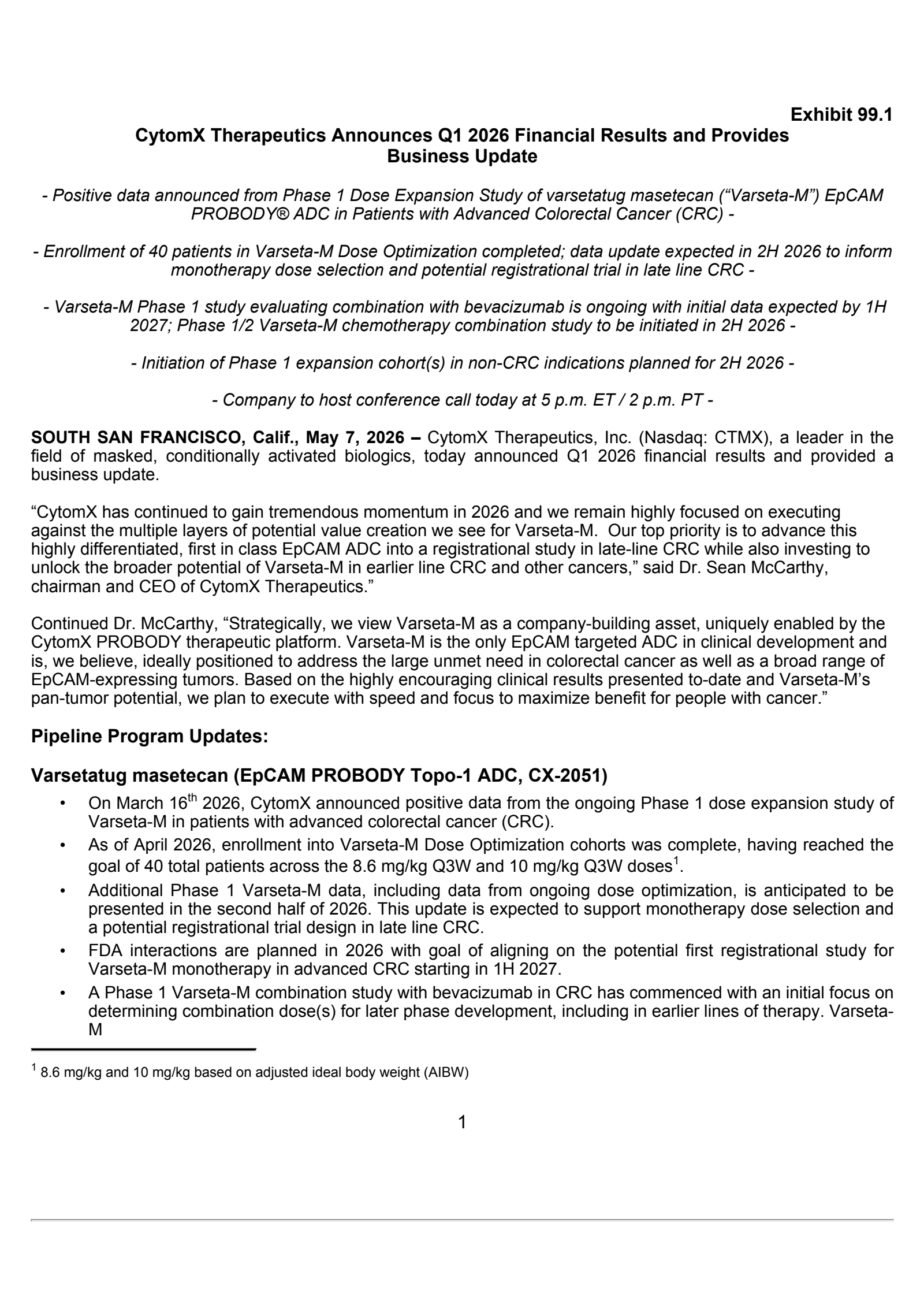 CytomX Therapeutics' Q1 2026 Press Release