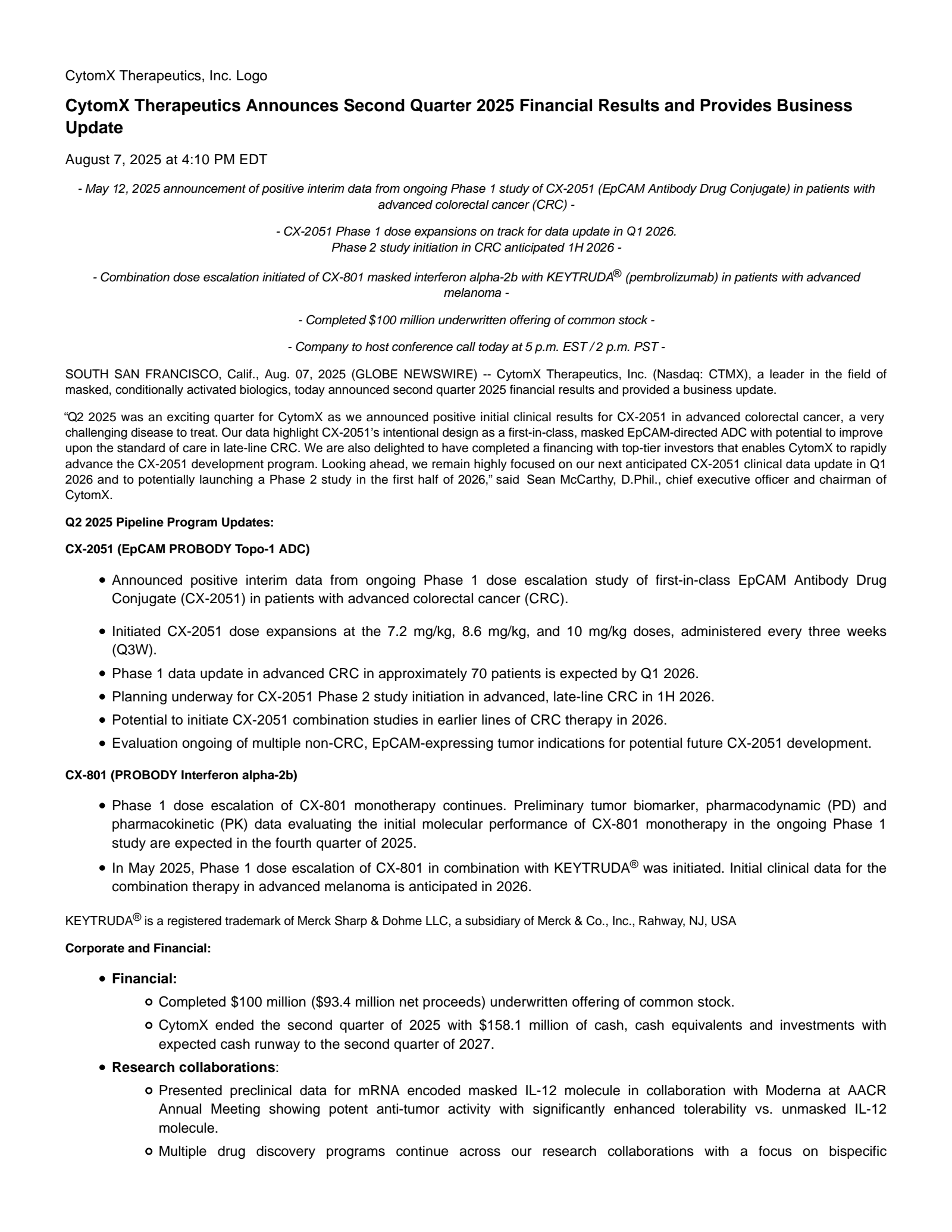 CytomX Therapeutics' Q2 2025 Press Release