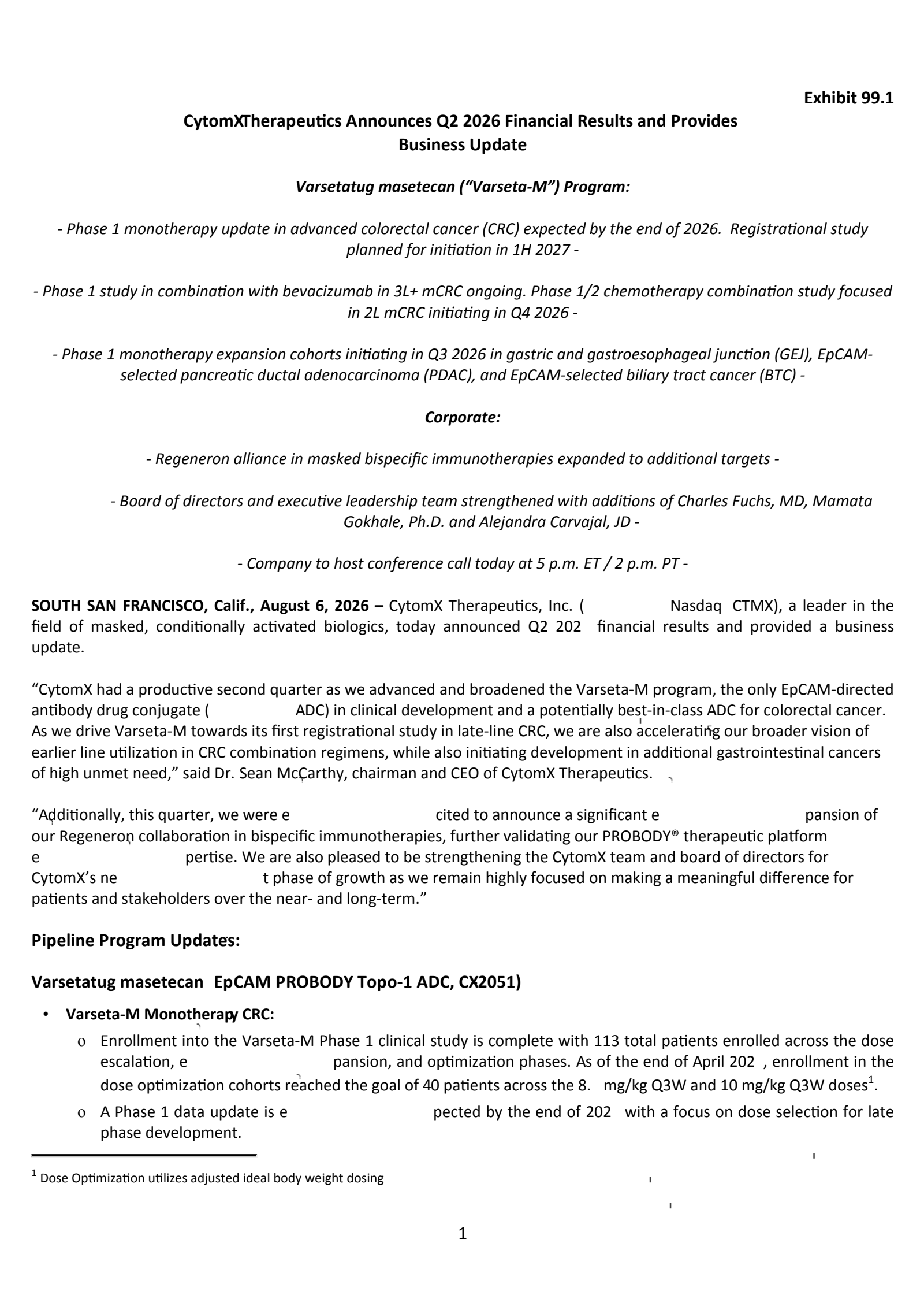 CytomX Therapeutics' Q2 2026 Press Release
