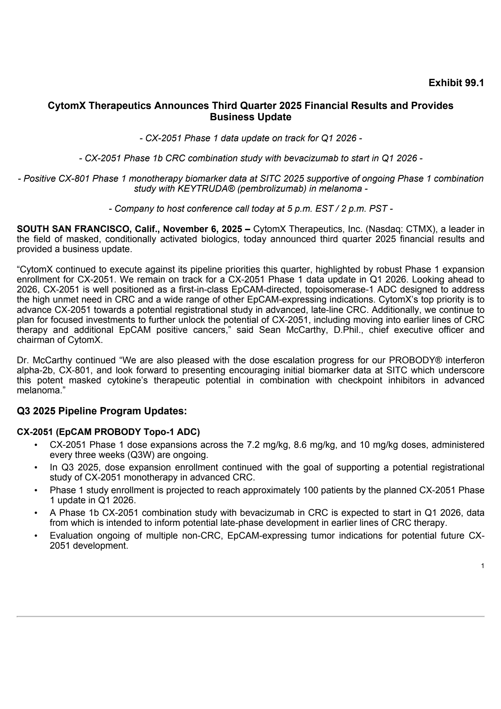 CytomX Therapeutics' Q3 2025 Earnings Release