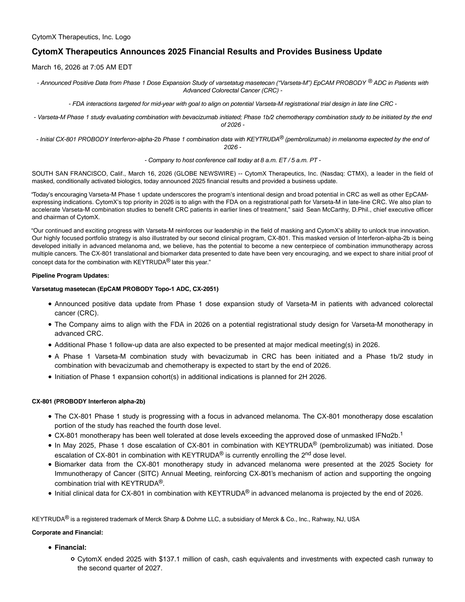 CytomX Therapeutics' Q4 2025 Press Release