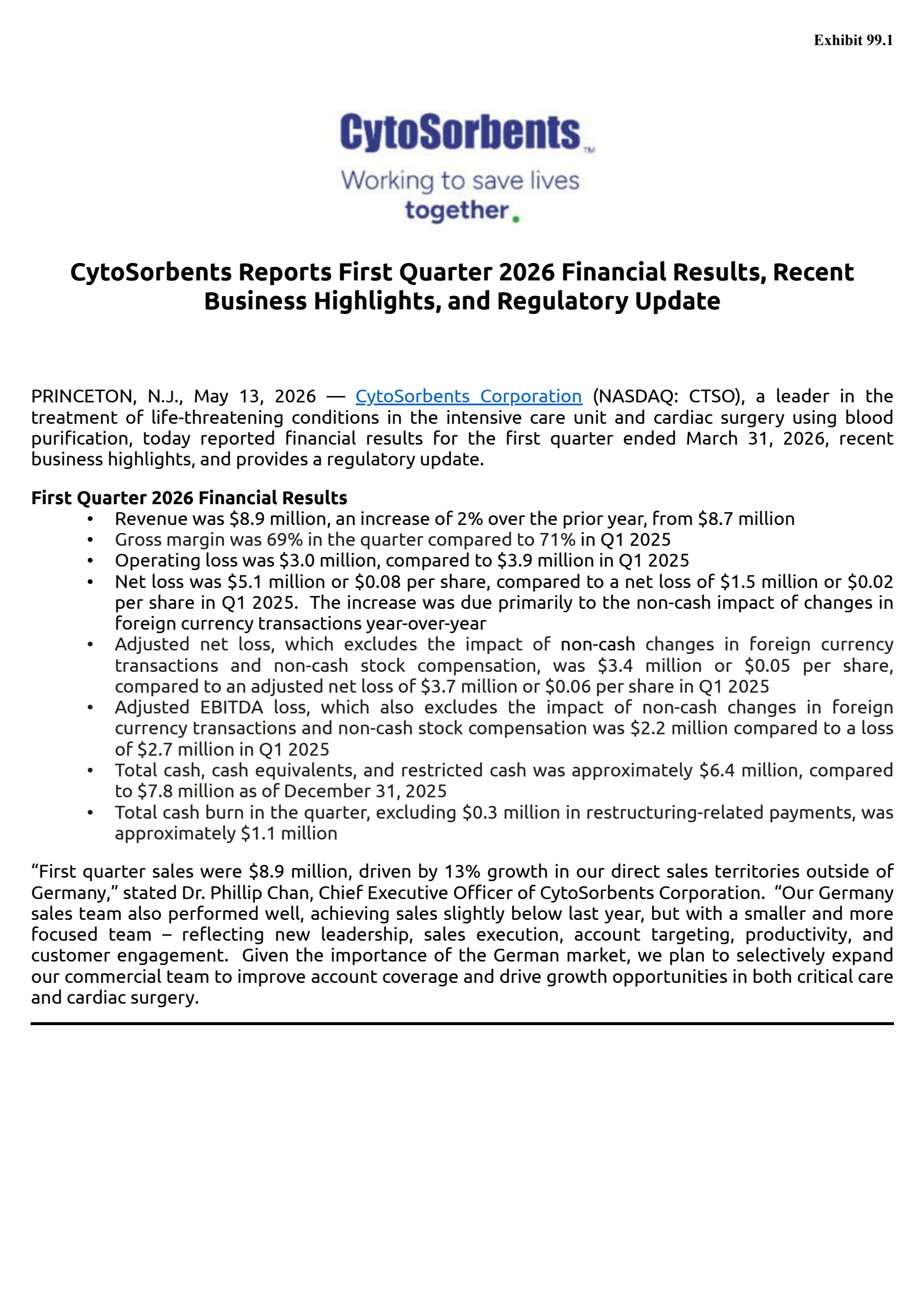 Cytosorbents' Q1 2026 Press Release