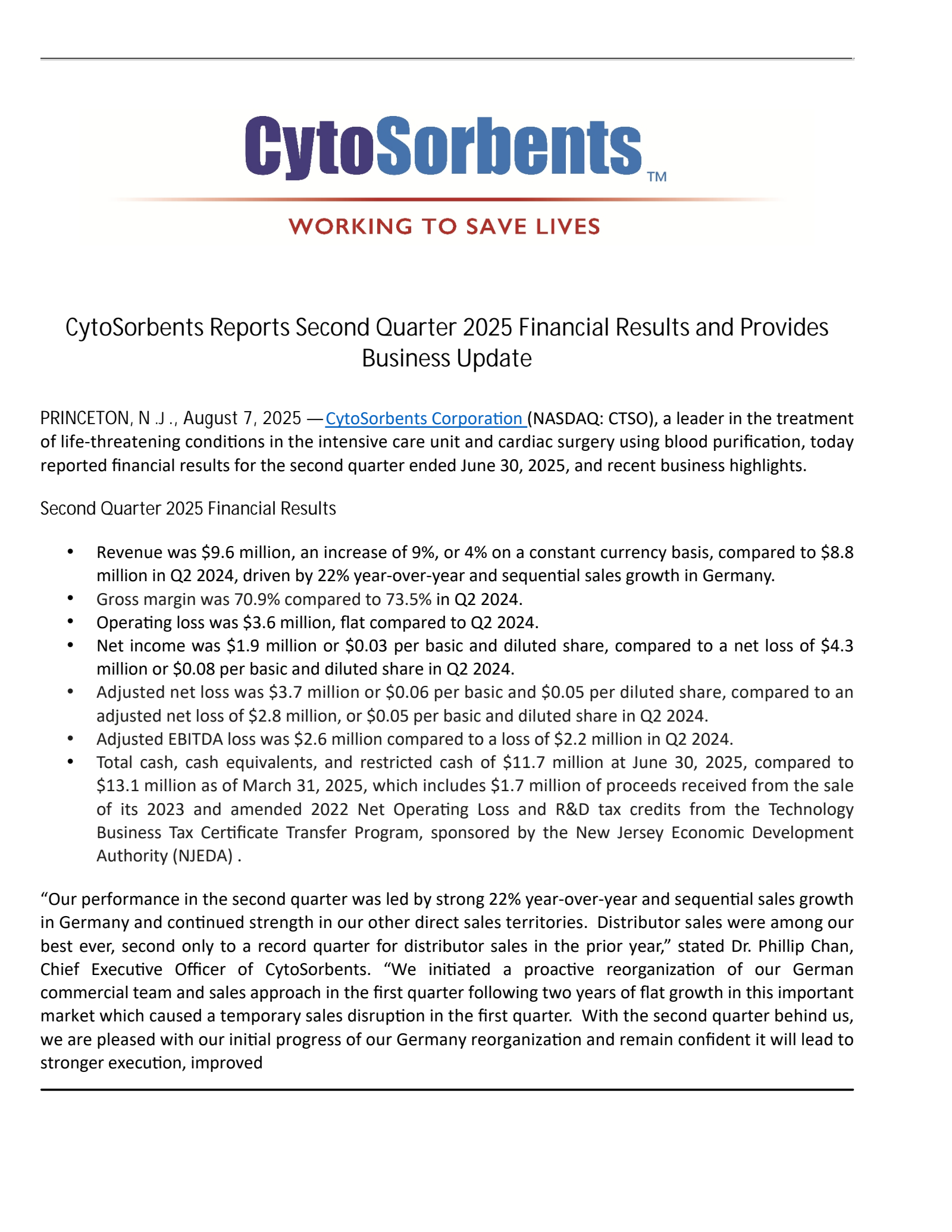 Cytosorbents' Q2 2025 Press Release