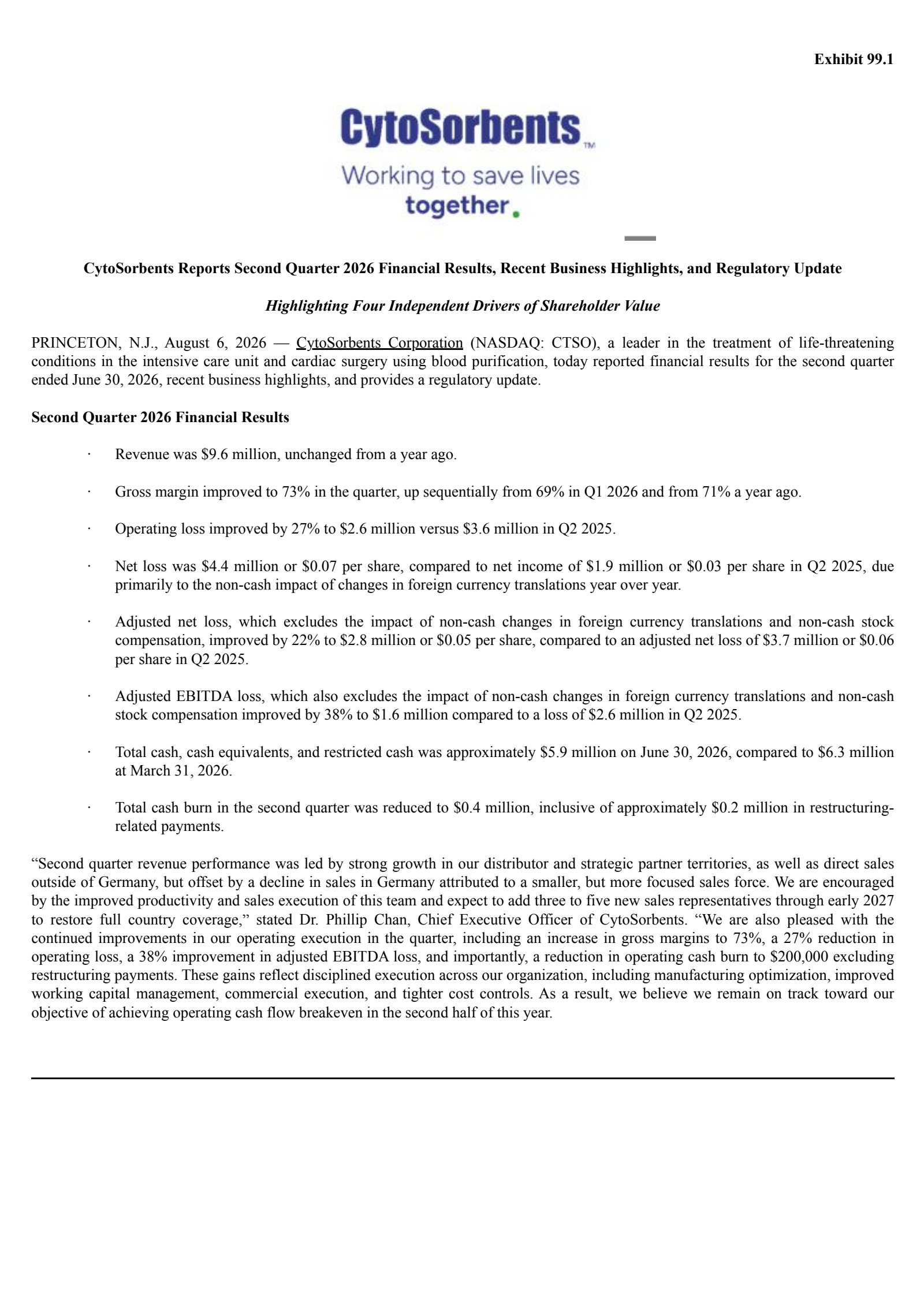 Cytosorbents' Q2 2026 Press Release