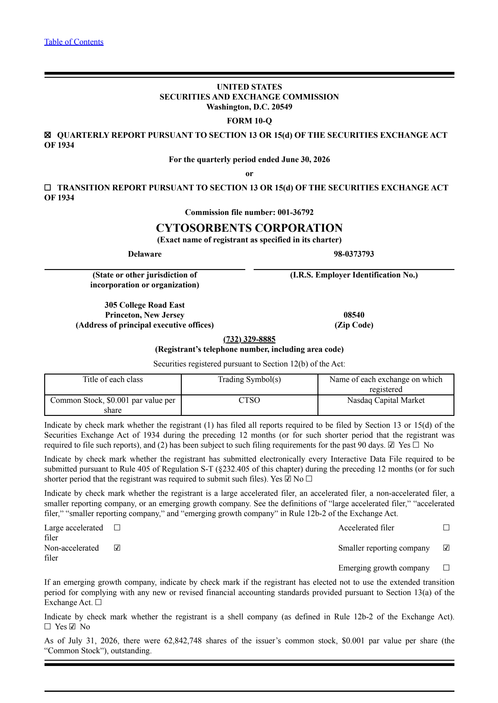 Cytosorbents' Q2 2026 Quarterly report