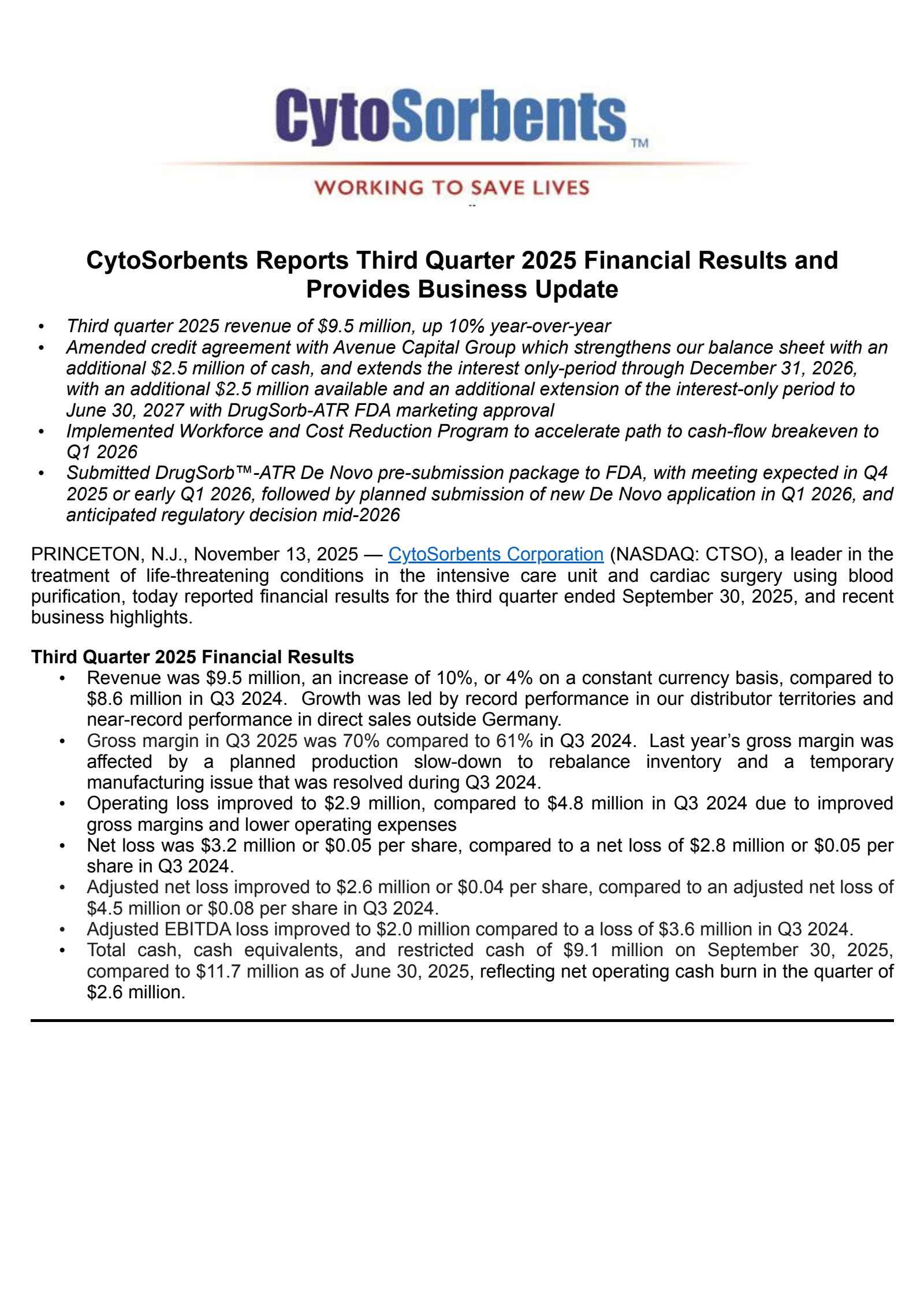 Cytosorbents' Q3 2025 Earnings Release