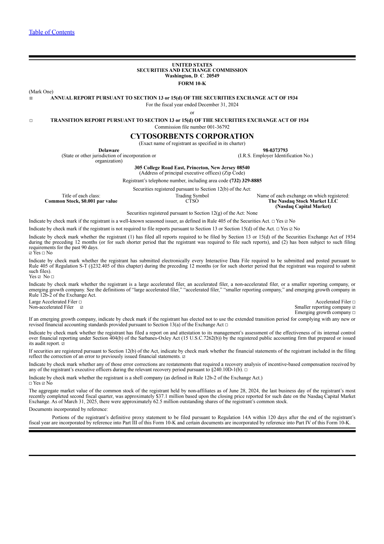 Cytosorbents' Q4 2024 Annual report