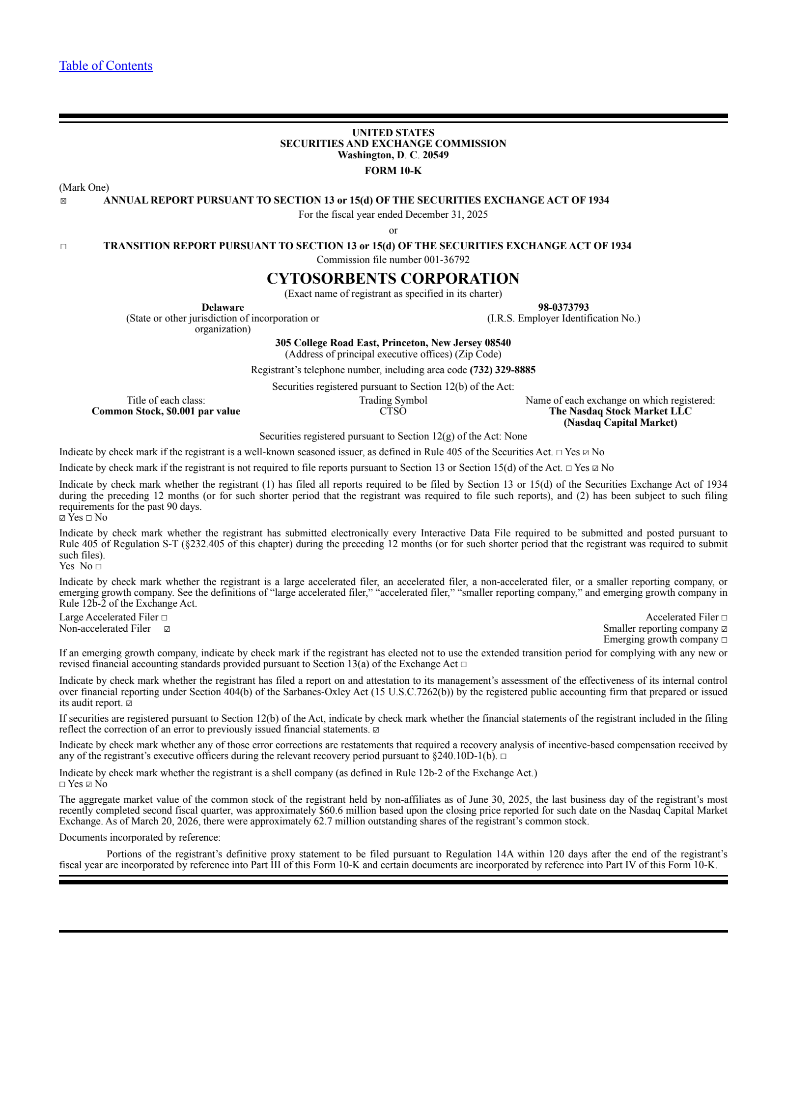 Cytosorbents' Q4 2025 Annual report