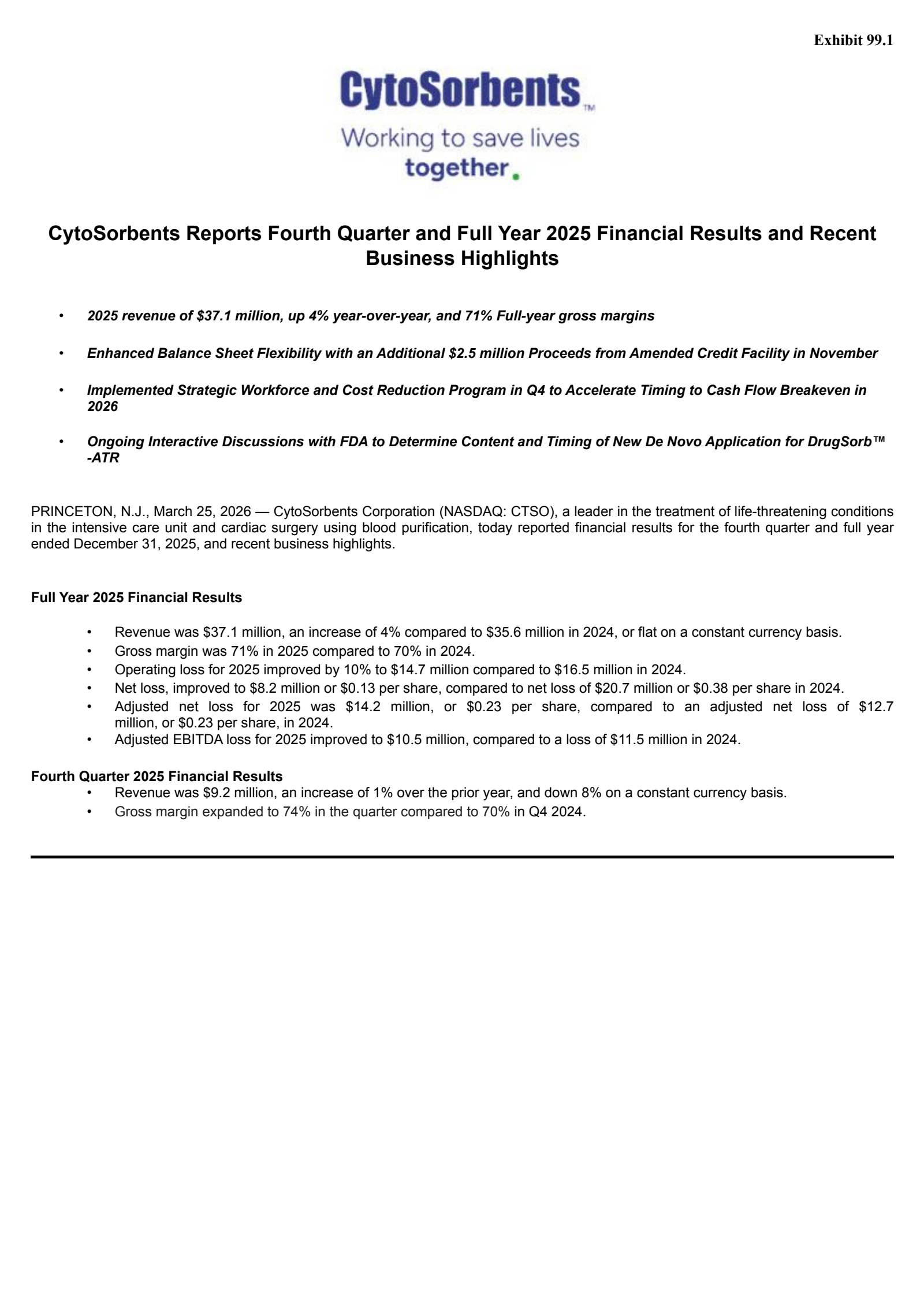 Cytosorbents' Q4 2025 Press Release
