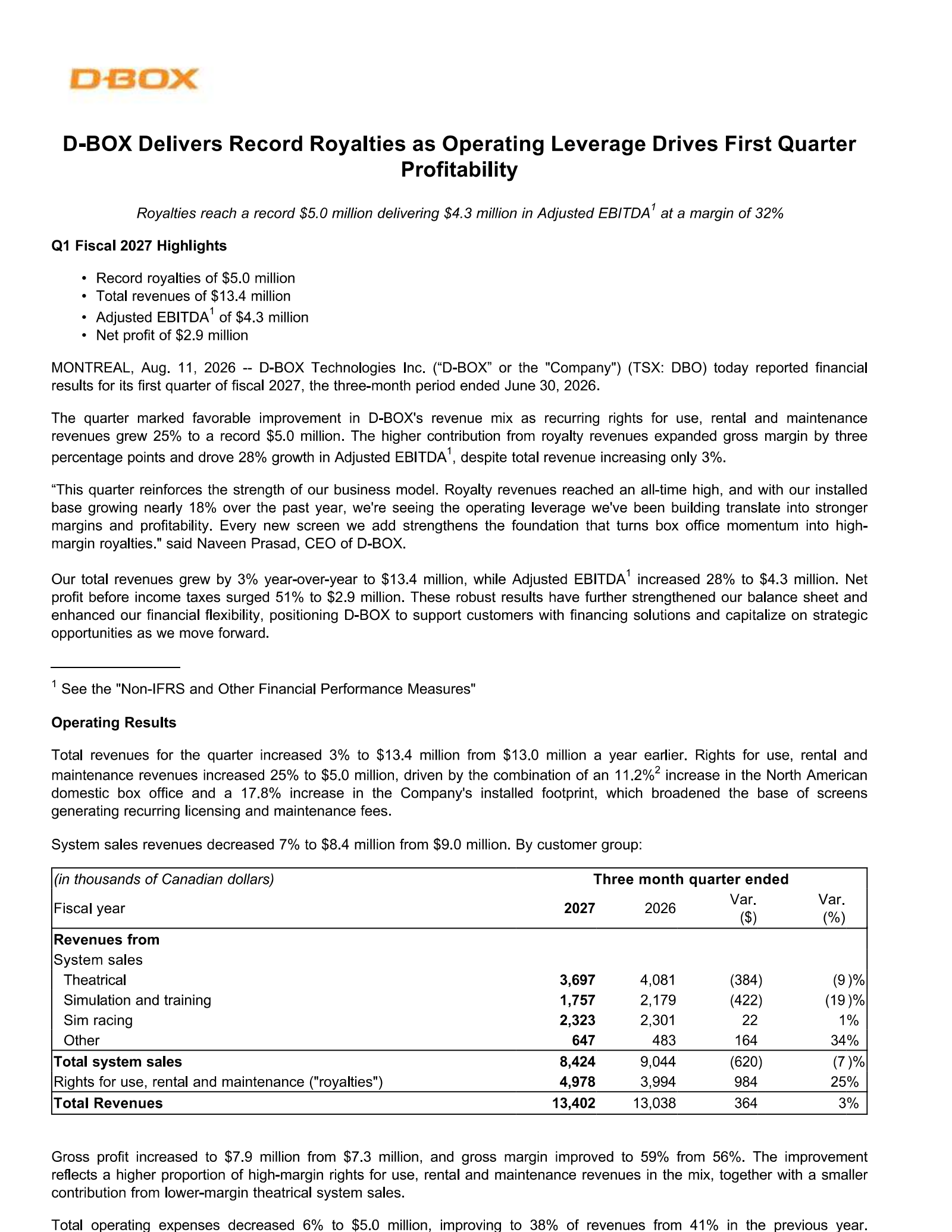 D-BOX Technologies' Q1 2027 Press Release