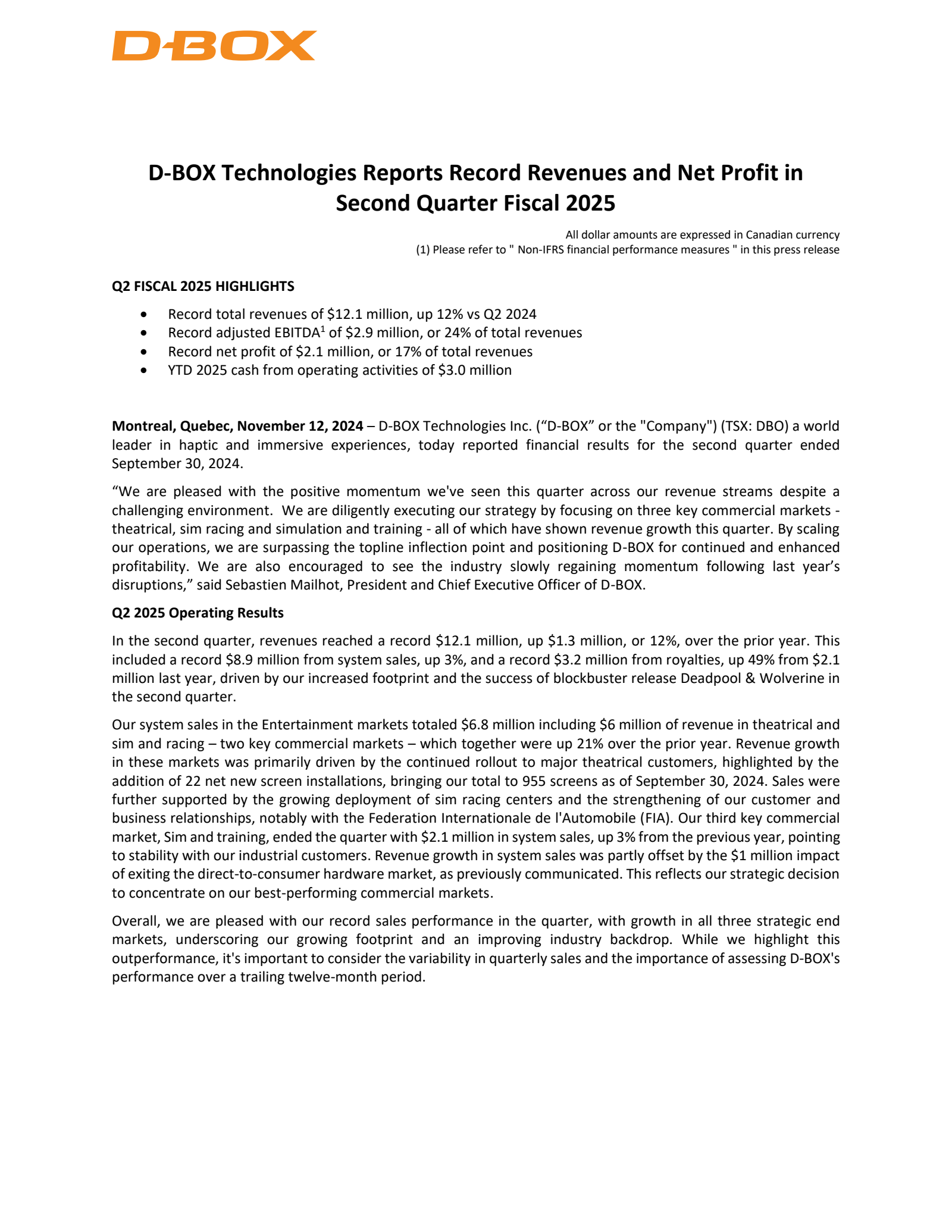 D-BOX Technologies' Q2 2025 Press Release