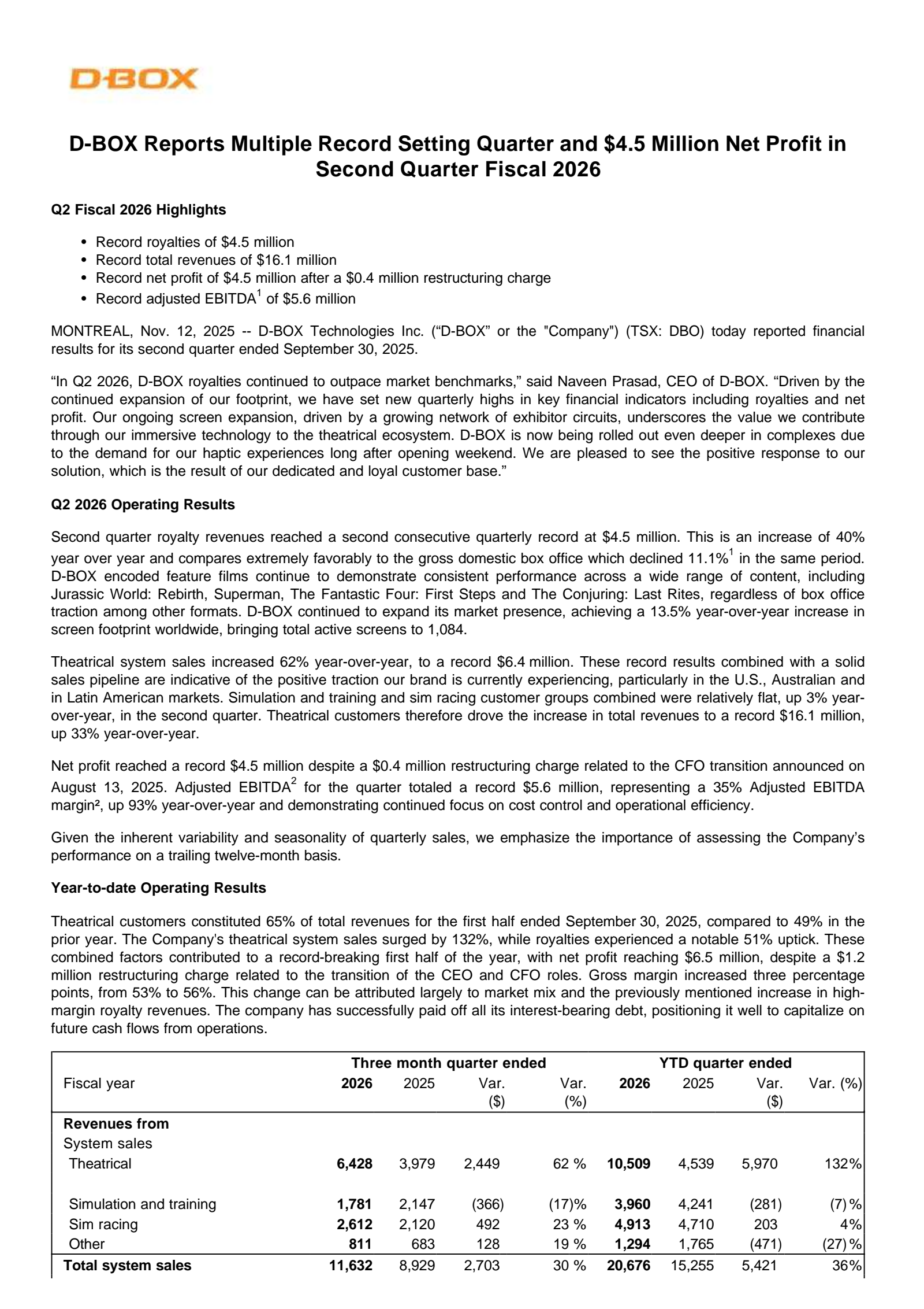 D-BOX Technologies' Q2 2026 Earnings Release