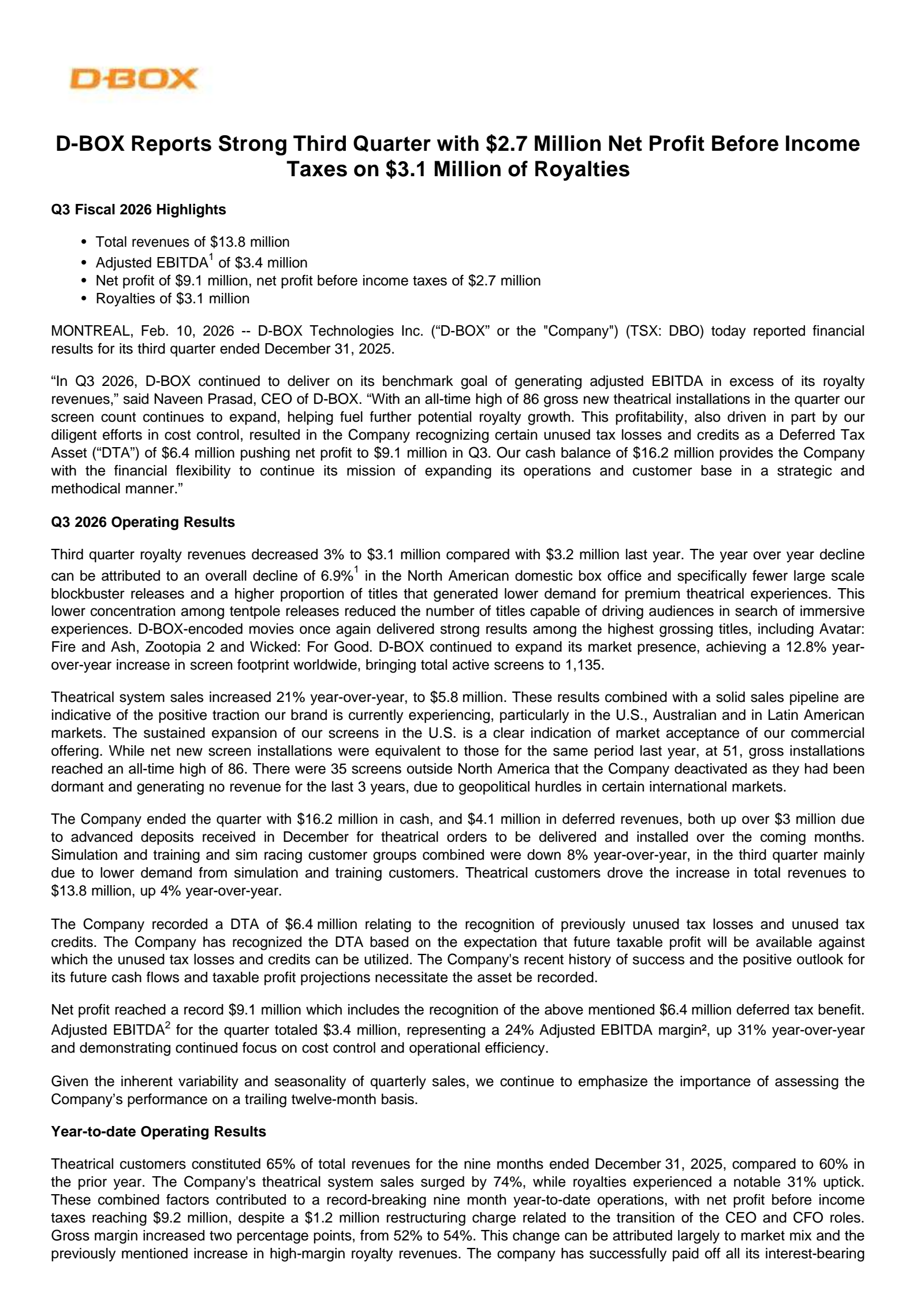 D-BOX Technologies' Q3 2026 Press Release