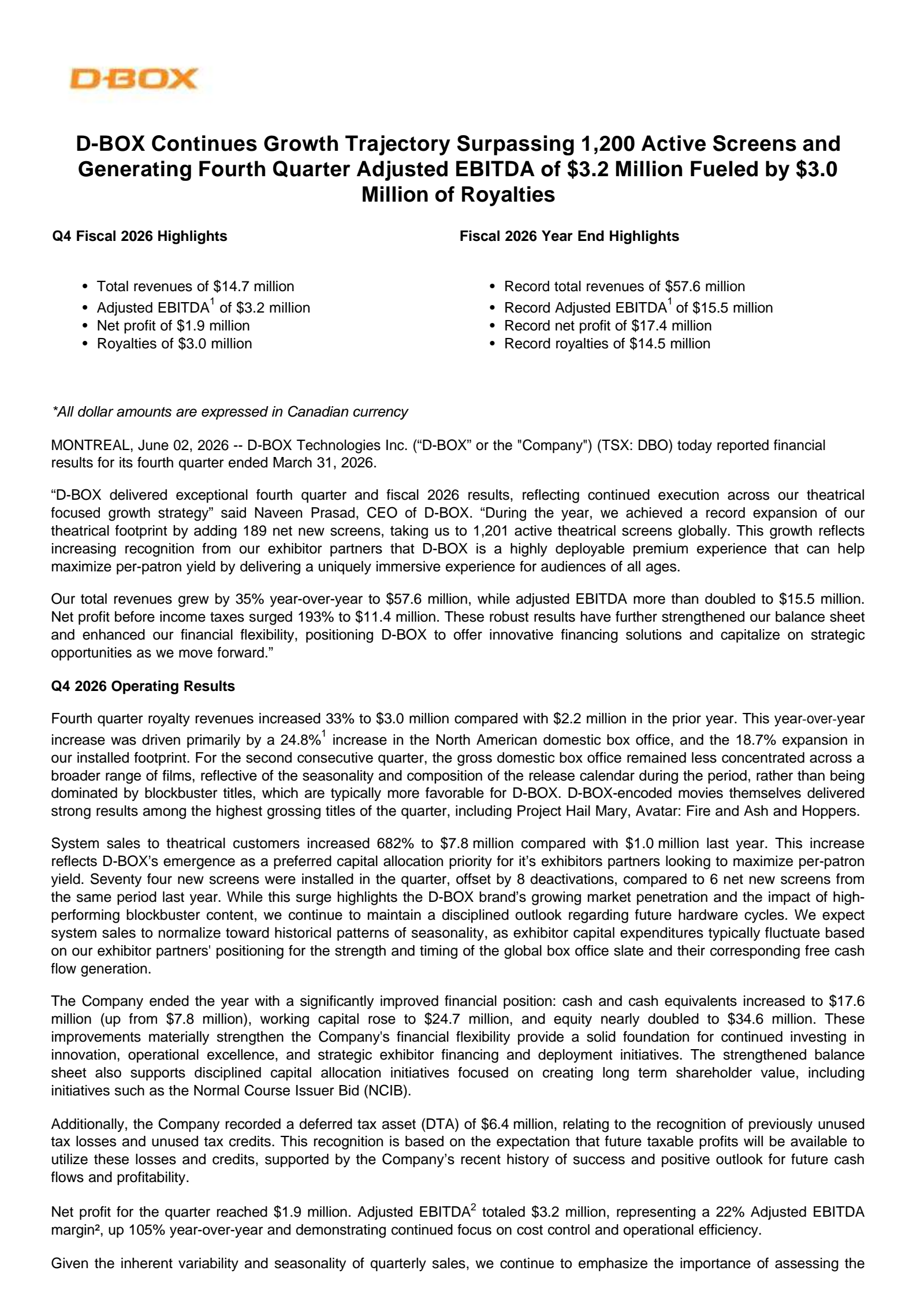 D-BOX Technologies' Q4 2026 Press Release