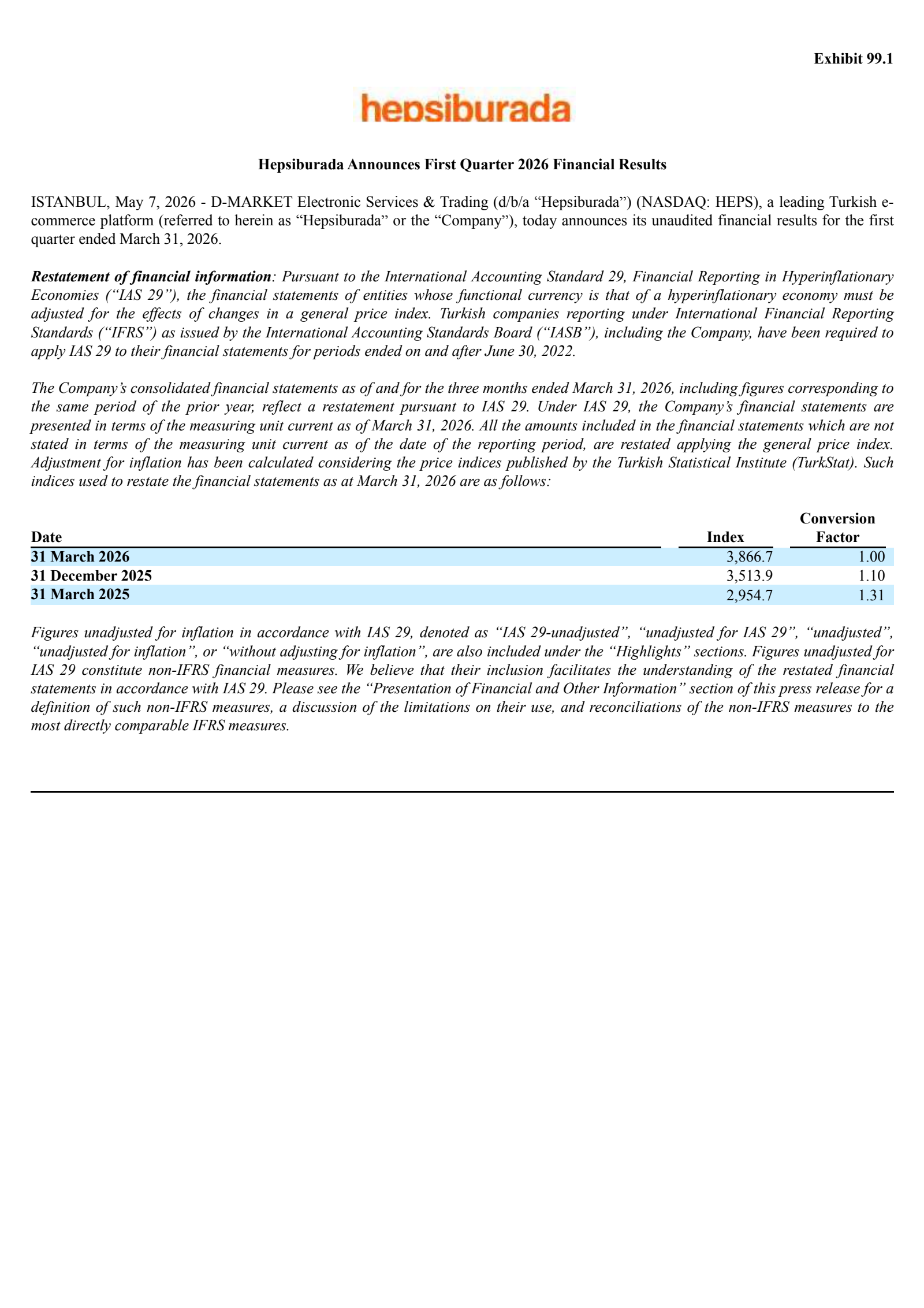 D-MARKET Electronic Services & Trading's Q1 2026 Press Release
