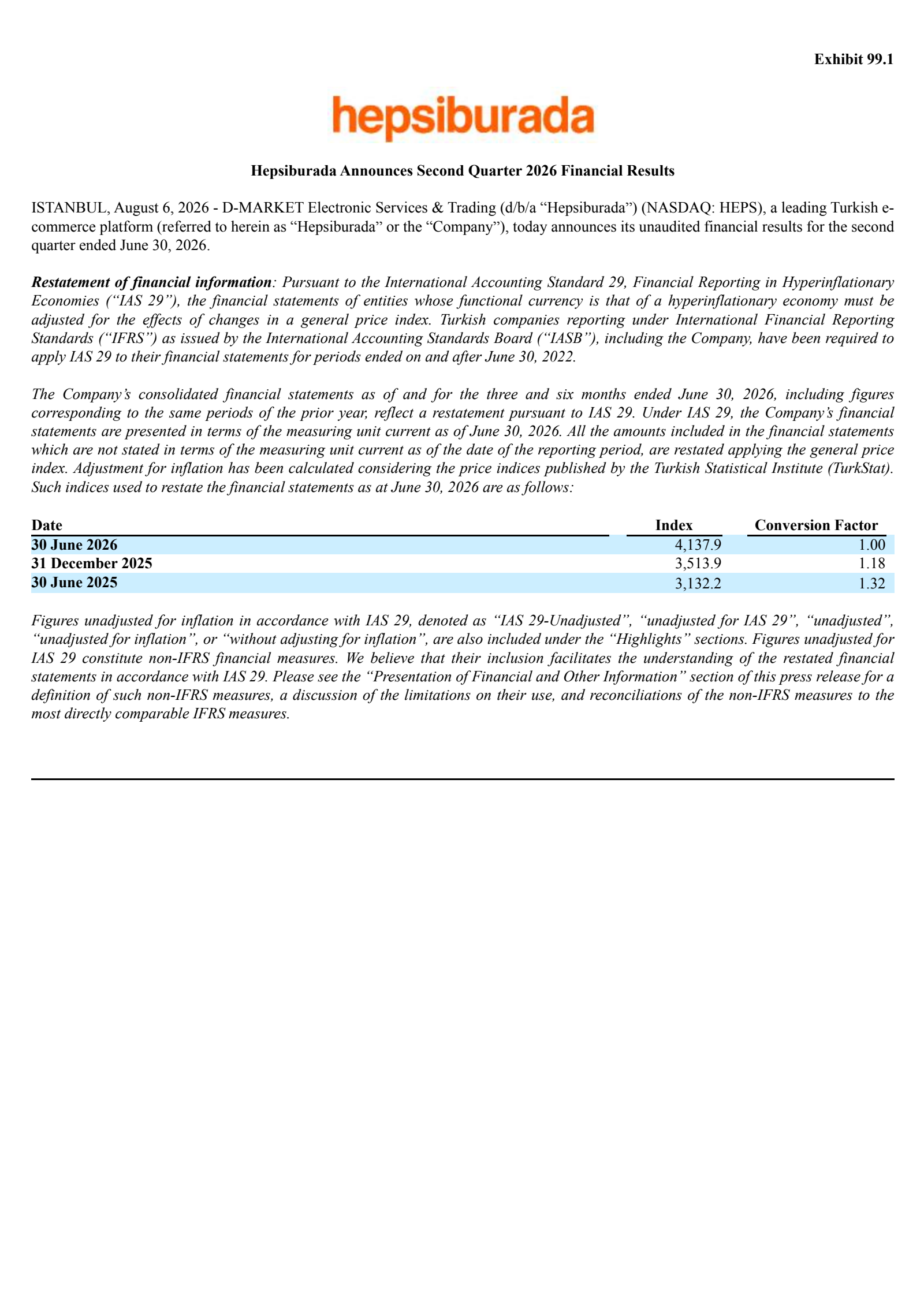 D-MARKET Electronic Services & Trading's Q2 2026 Press Release