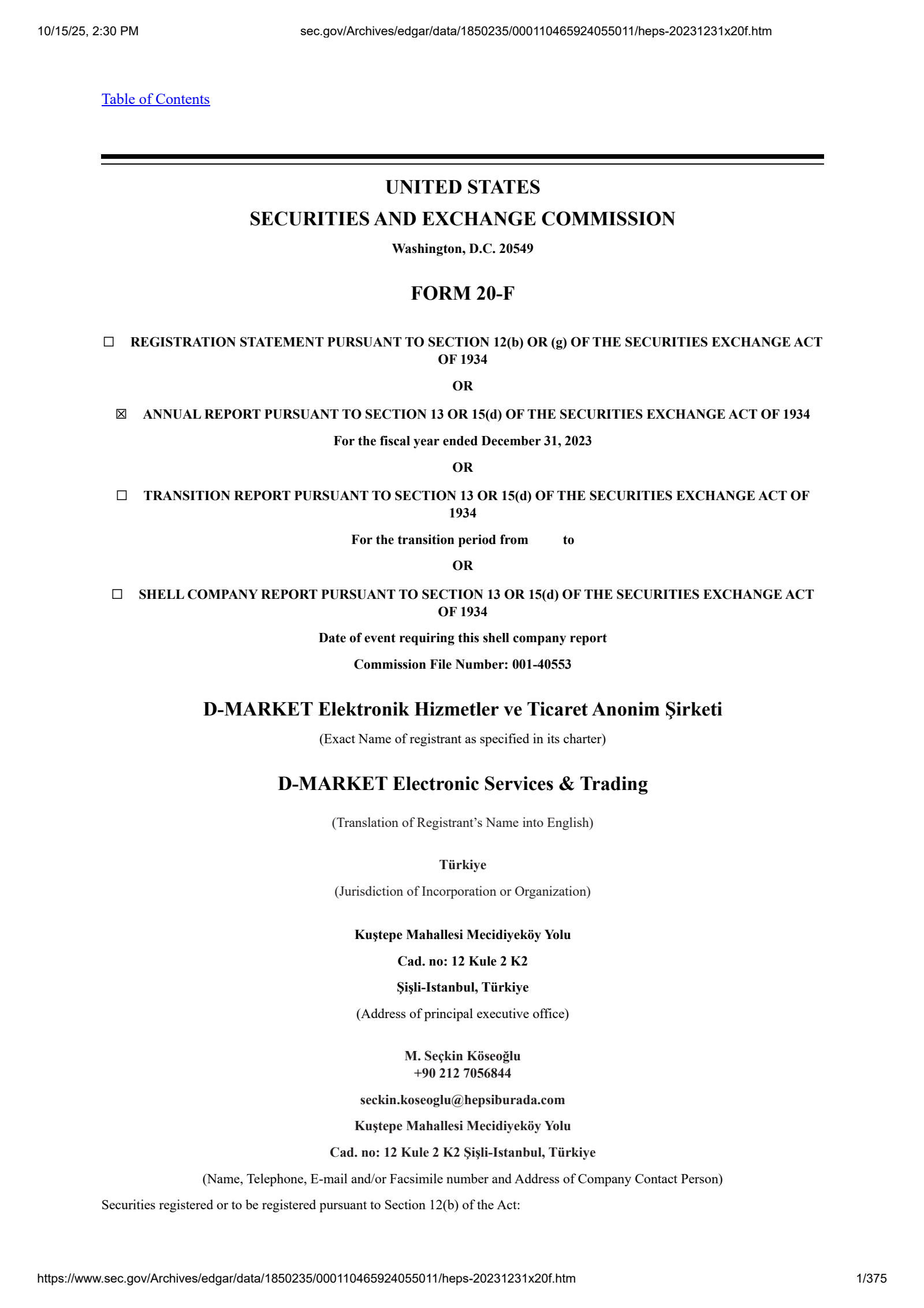 D-MARKET Electronic Services & Trading's Q4 2023 Annual Report
