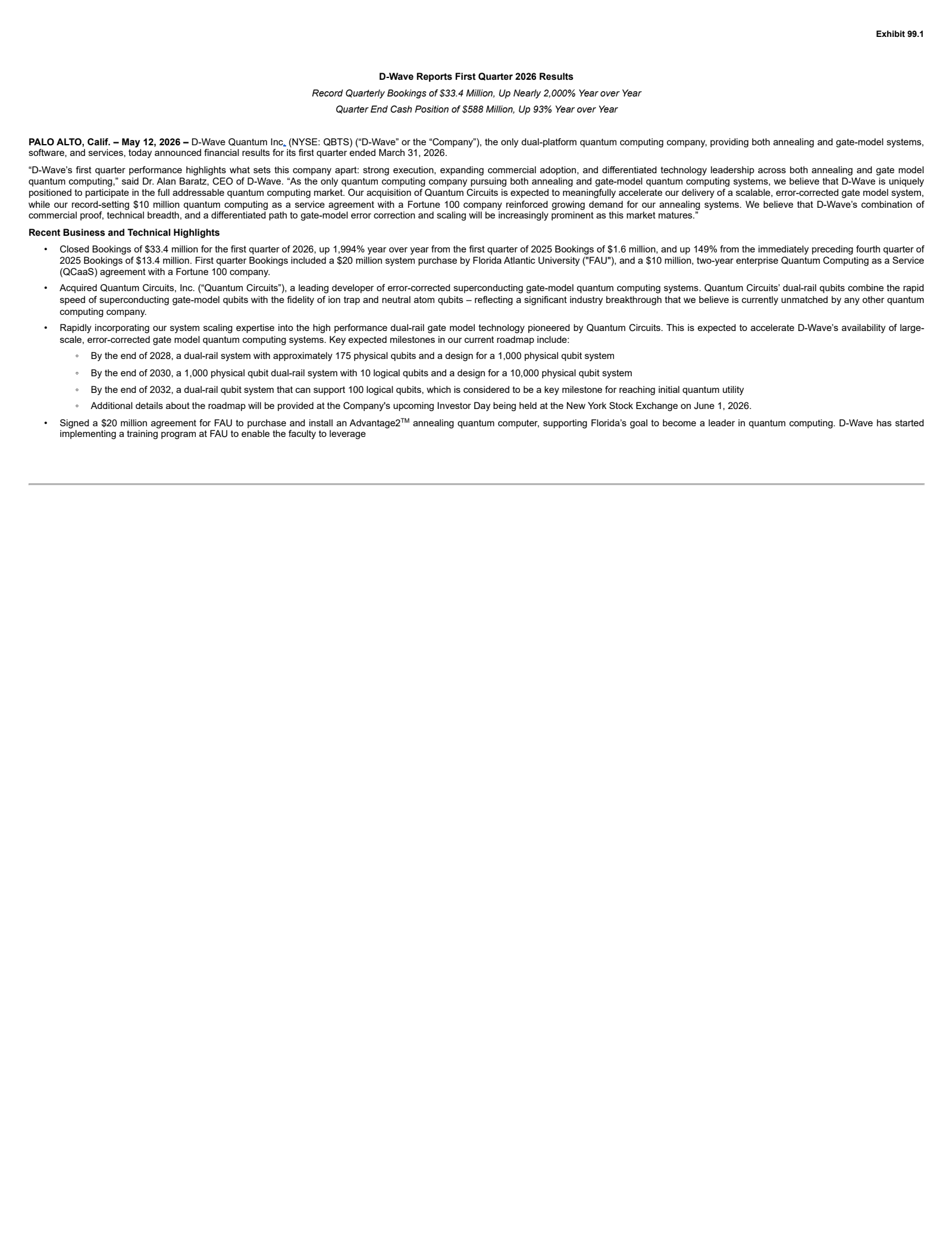 D-Wave Quantum's Q1 2026 Press Release