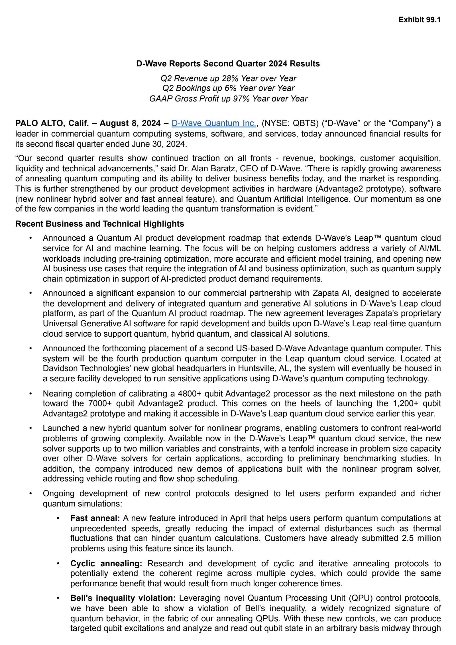D-Wave Quantum's Q2 2024 Press Release