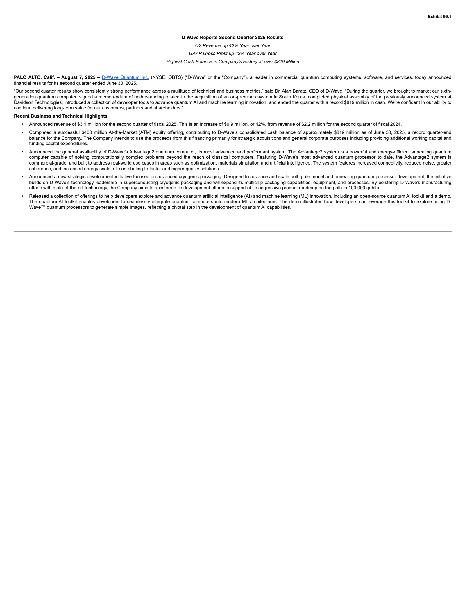 D-Wave Quantum's Q2 2025 Press Release