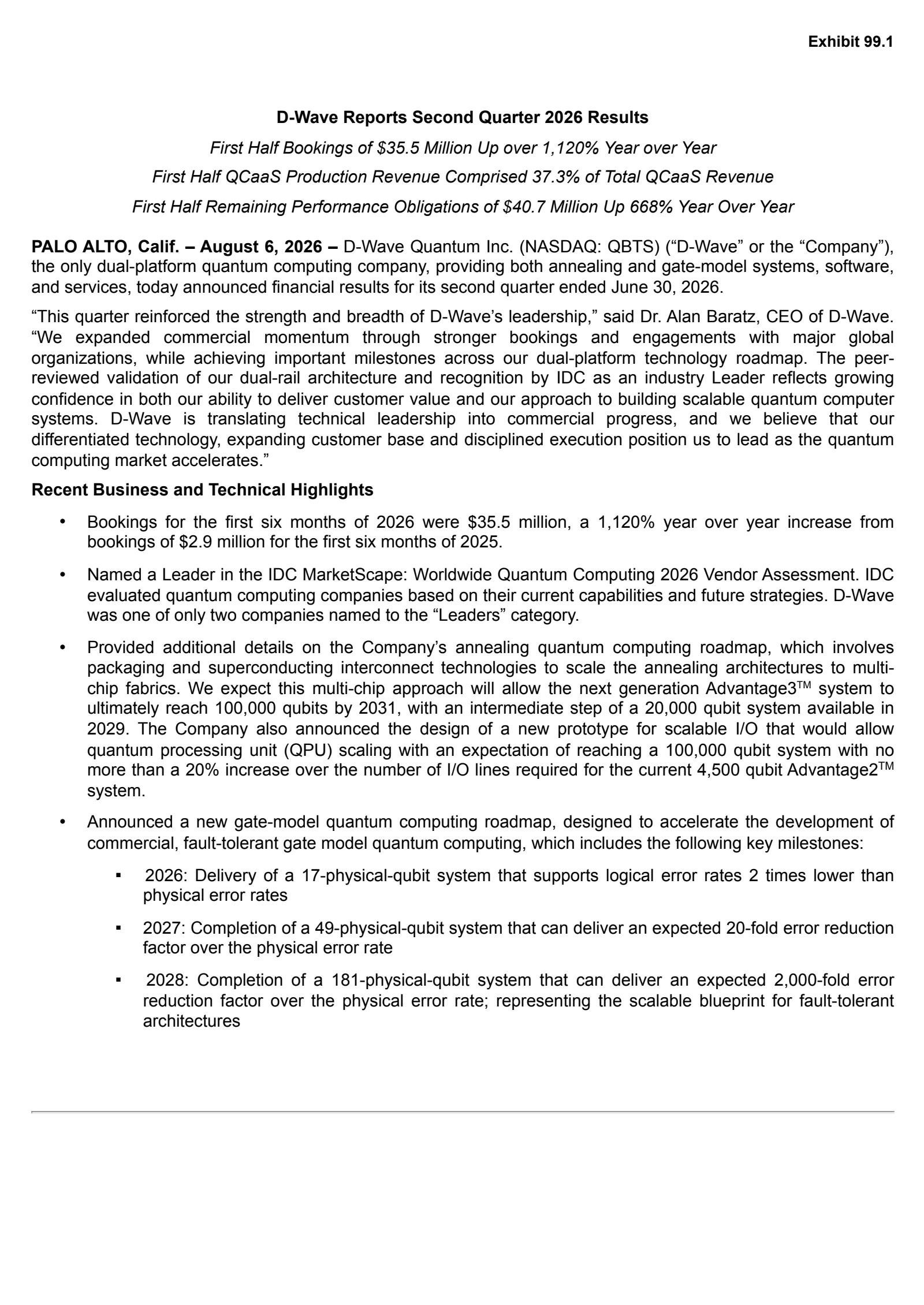 D-Wave Quantum's Q2 2026 Press Release