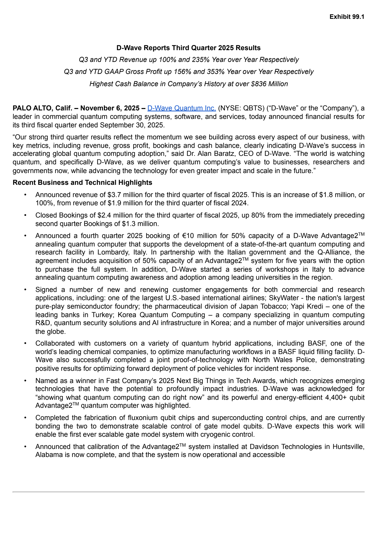 D-Wave Quantum's Q3 2025 Earnings Release