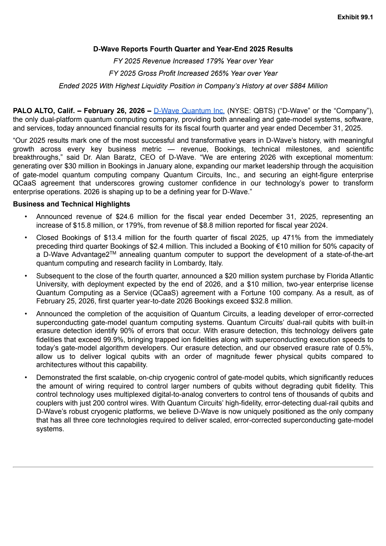 D-Wave Quantum's Q4 2025 Press Release