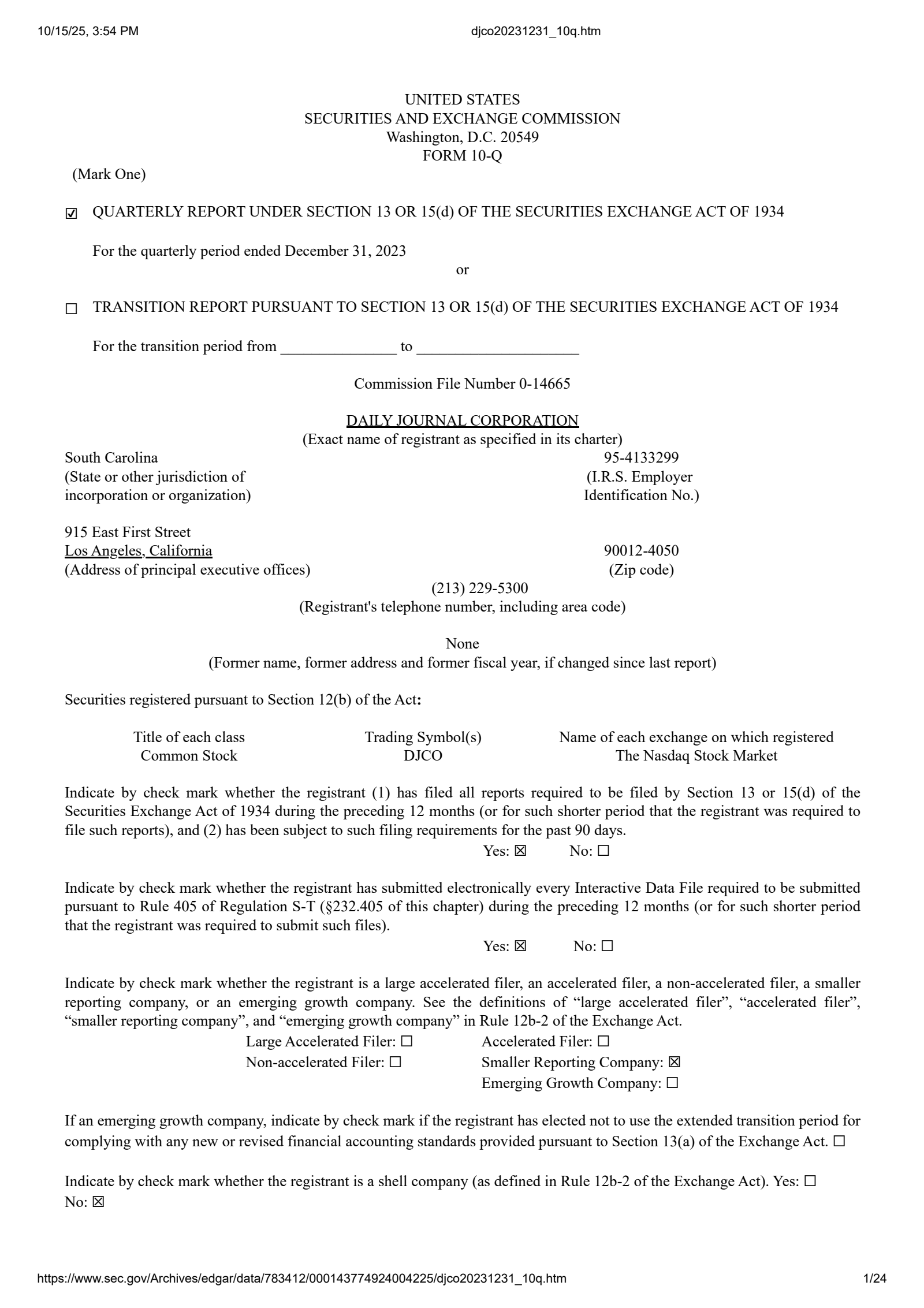 Daily Journal Corp. (S.C.)'s Q1 2024 Quarterly Report