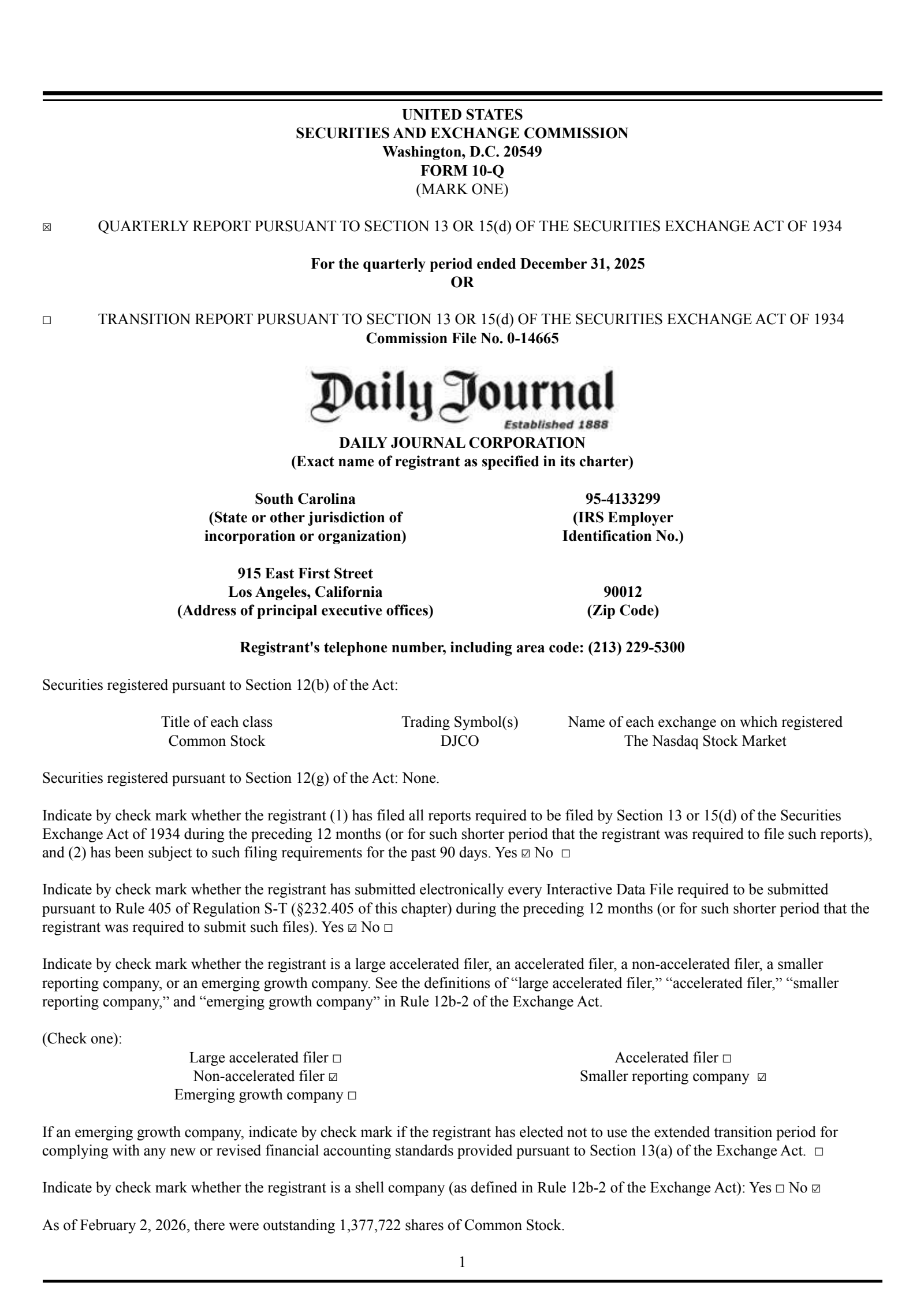 Daily Journal Corp. (S.C.)'s Q1 2026 Quarterly report