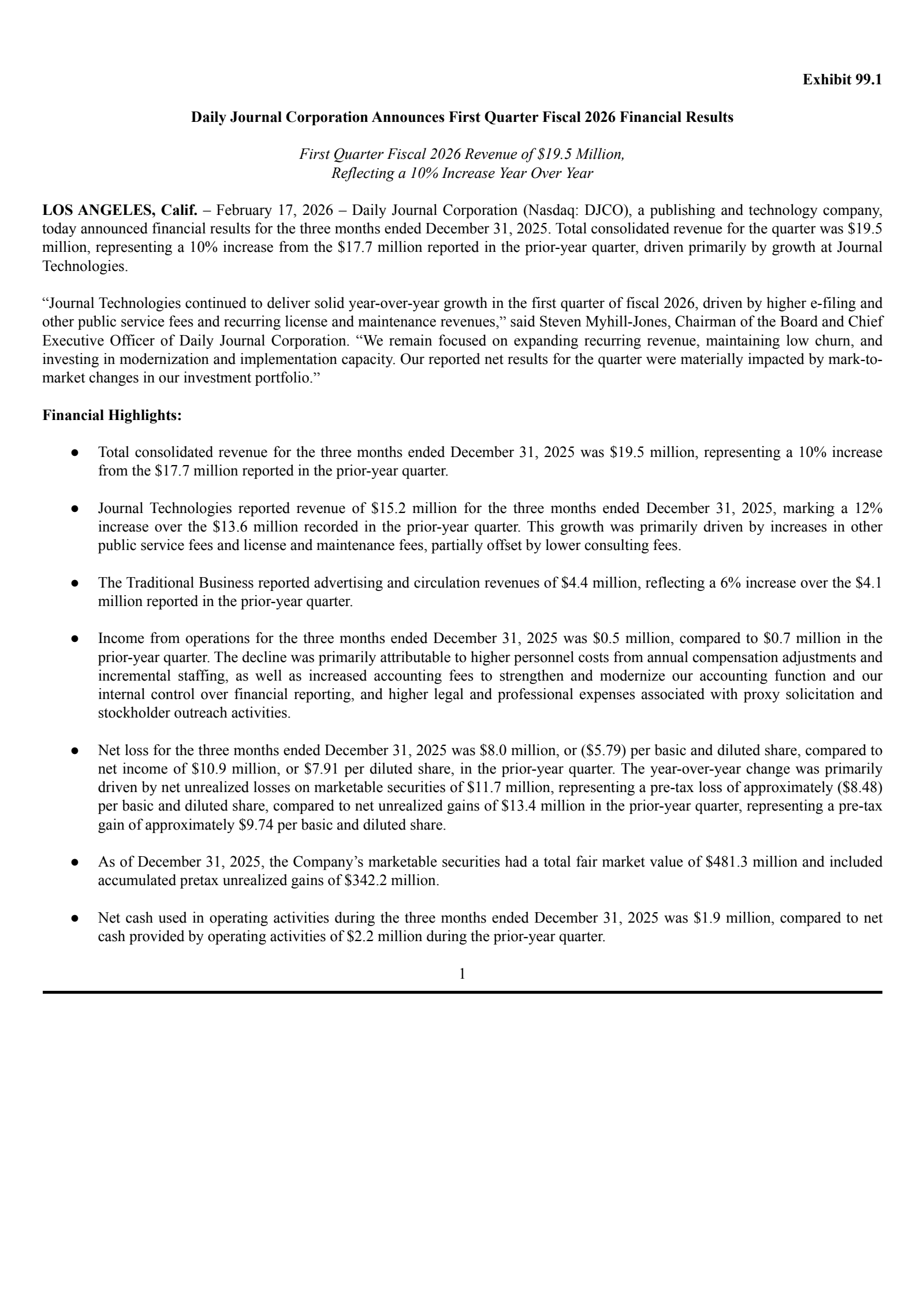 Daily Journal Corp. (S.C.)'s Q1 2026 Press Release