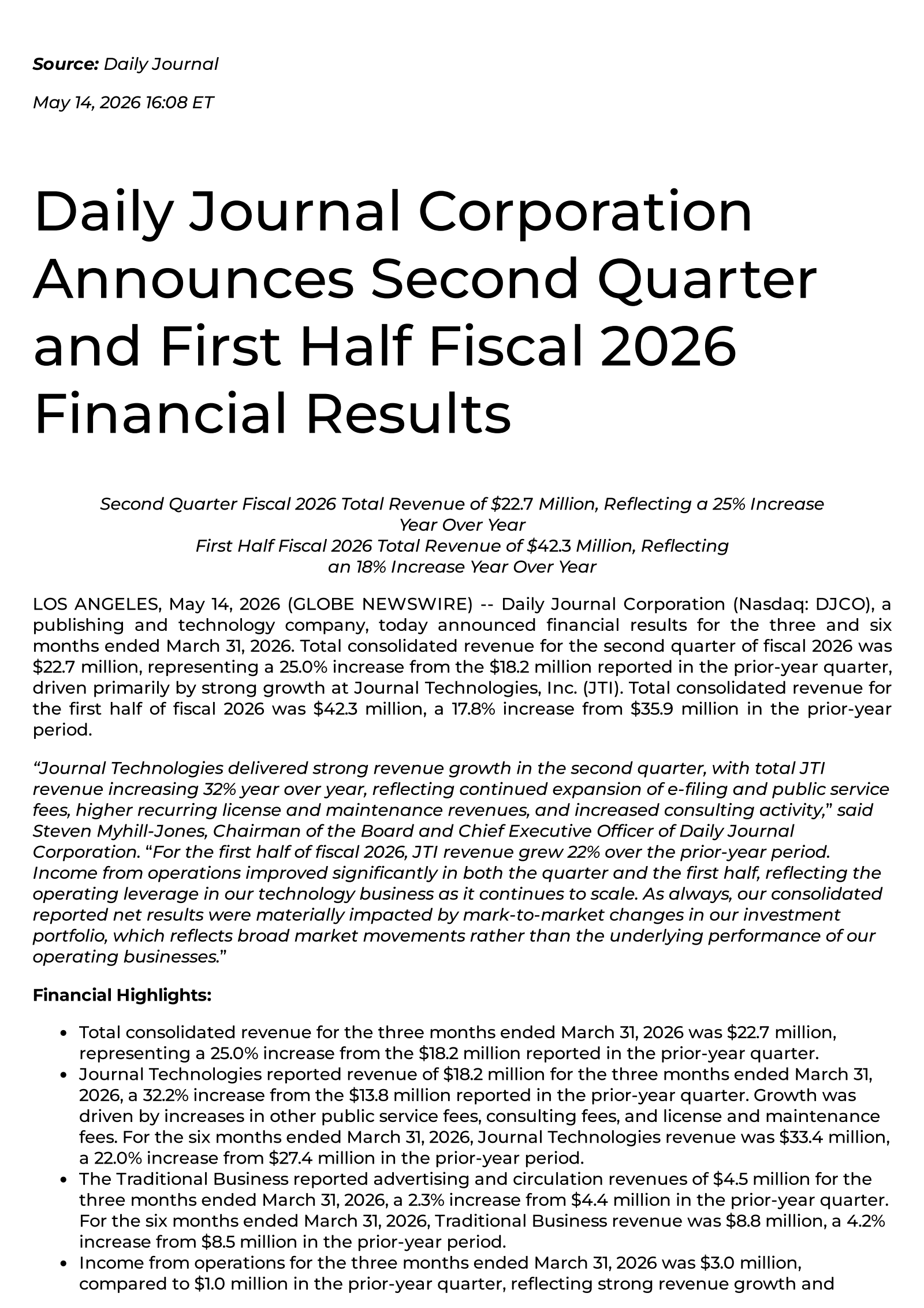 Daily Journal Corp. (S.C.)'s Q2 2026 Press Release