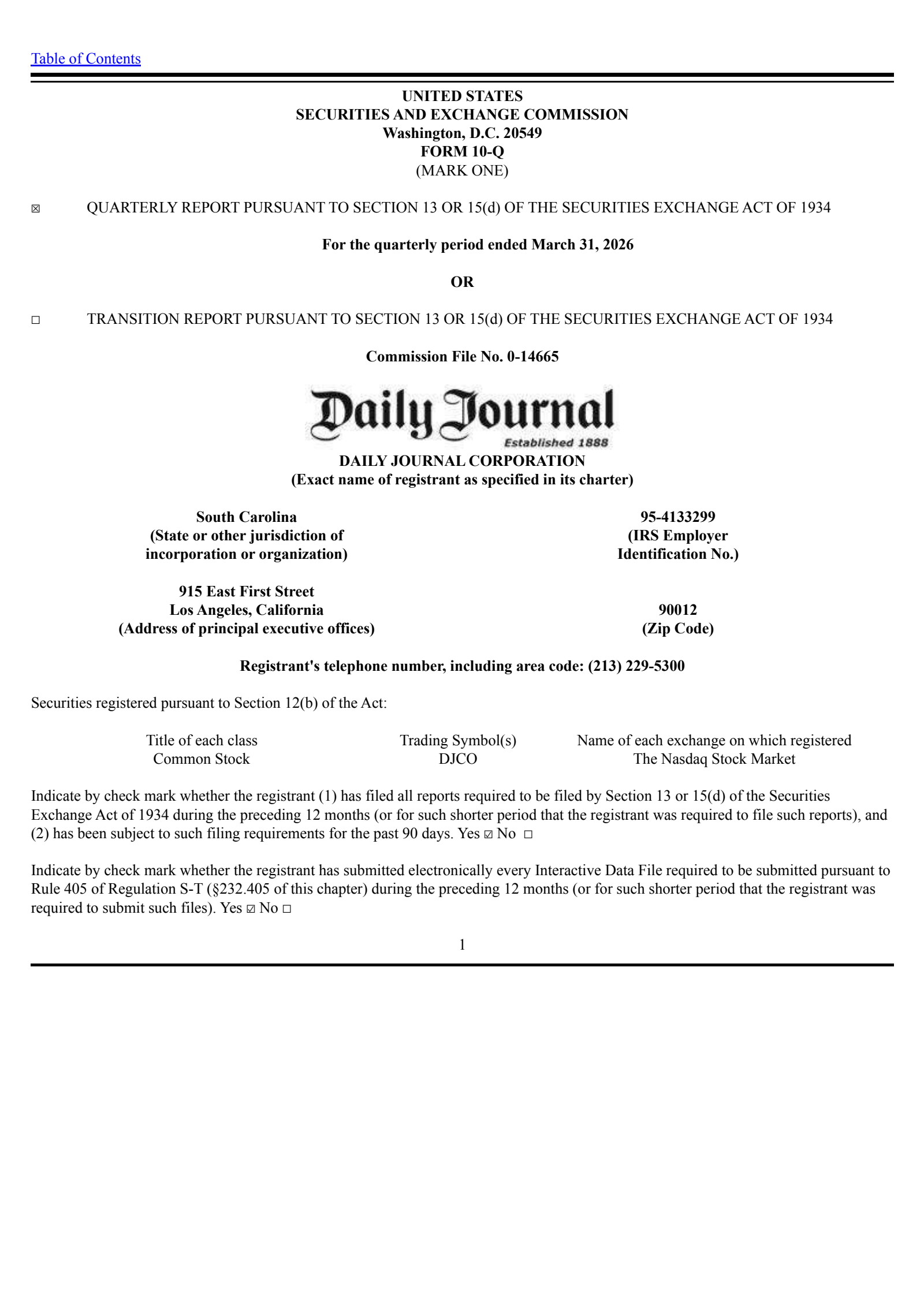 Daily Journal Corp. (S.C.)'s Q2 2026 Quarterly report