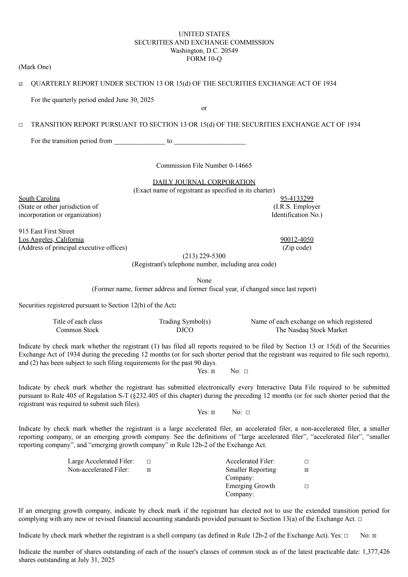 Daily Journal Corp. (S.C.)'s Q3 2025 Quarterly report