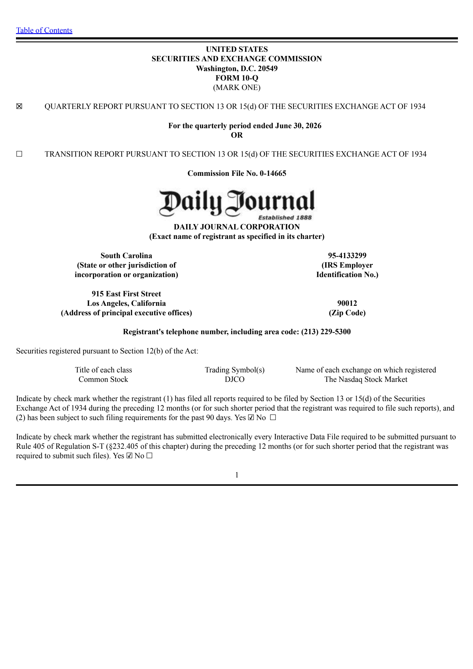 Daily Journal Corp. (S.C.)'s Q3 2026 Quarterly report