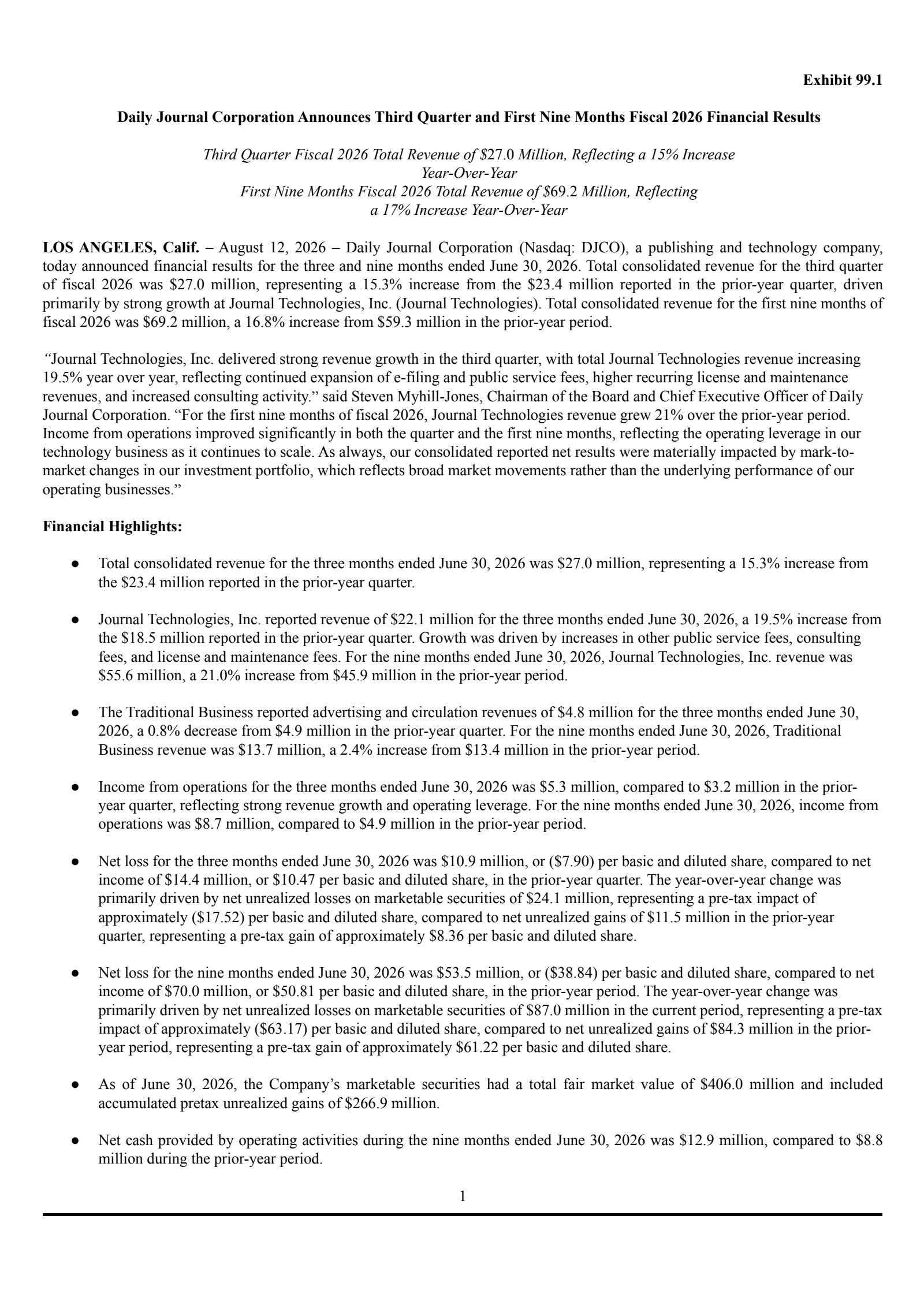 Daily Journal Corp. (S.C.)'s Q3 2026 Press Release