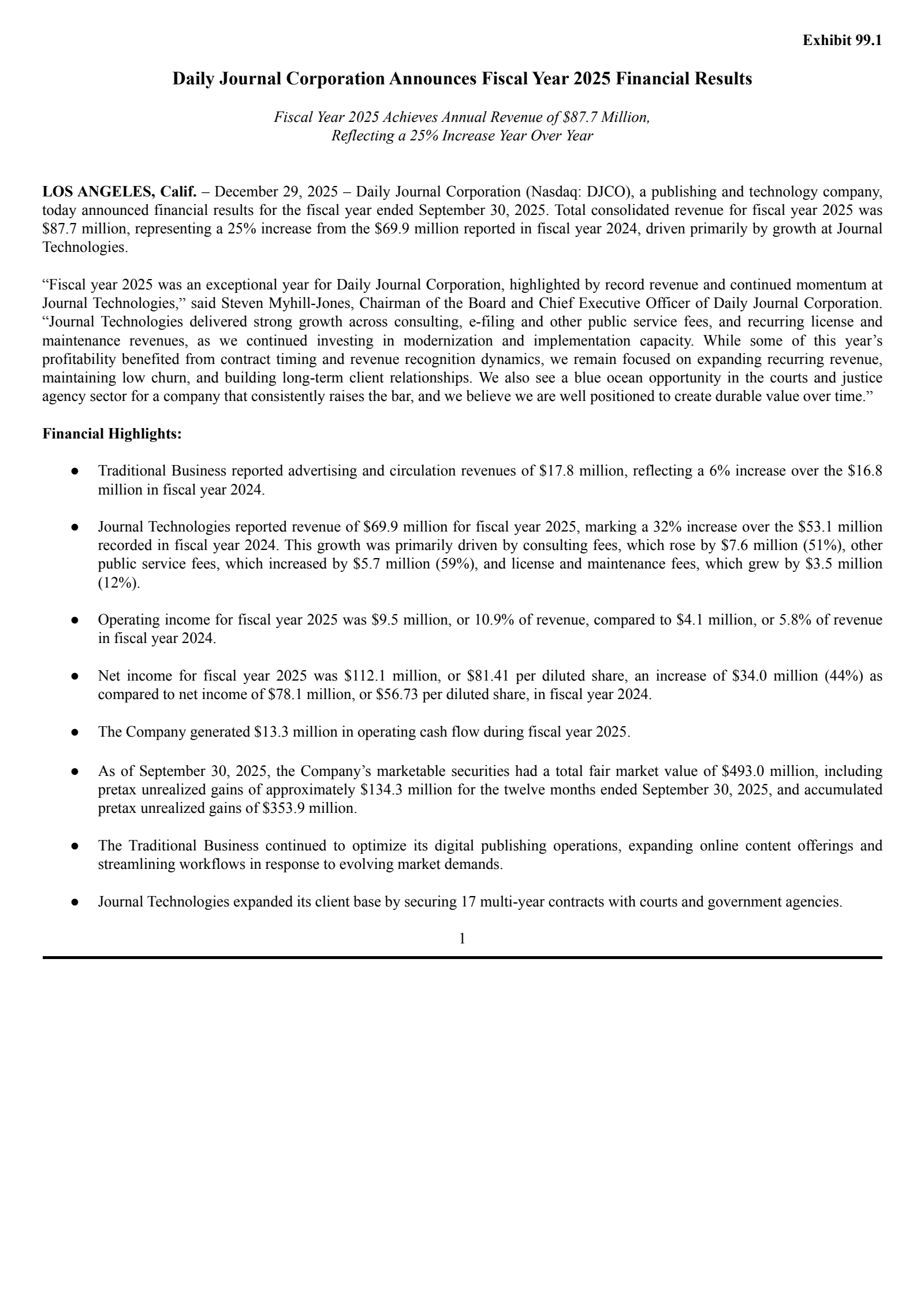Daily Journal Corp. (S.C.)'s Q4 2025 Earnings Release