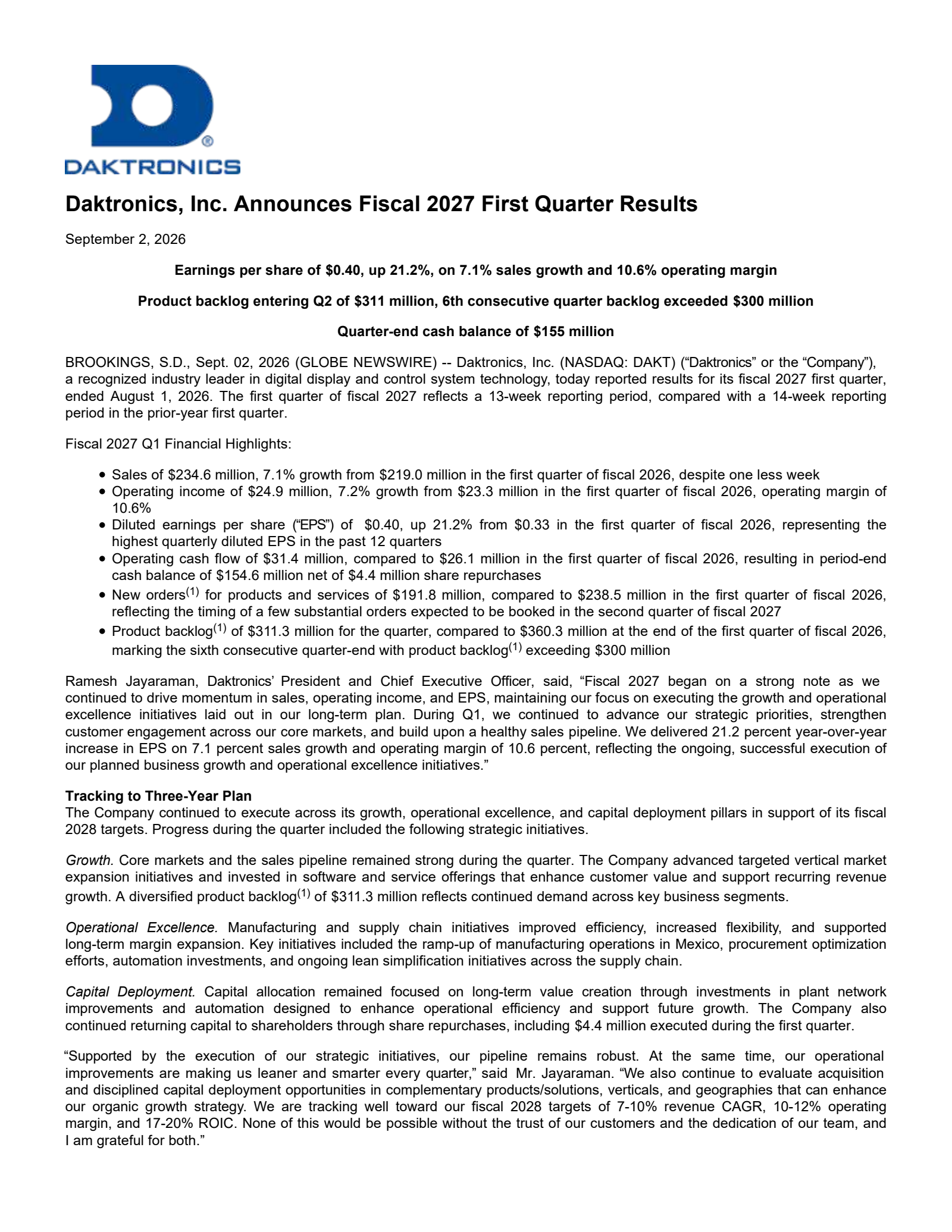 Daktronics' Q1 2027 Press Release