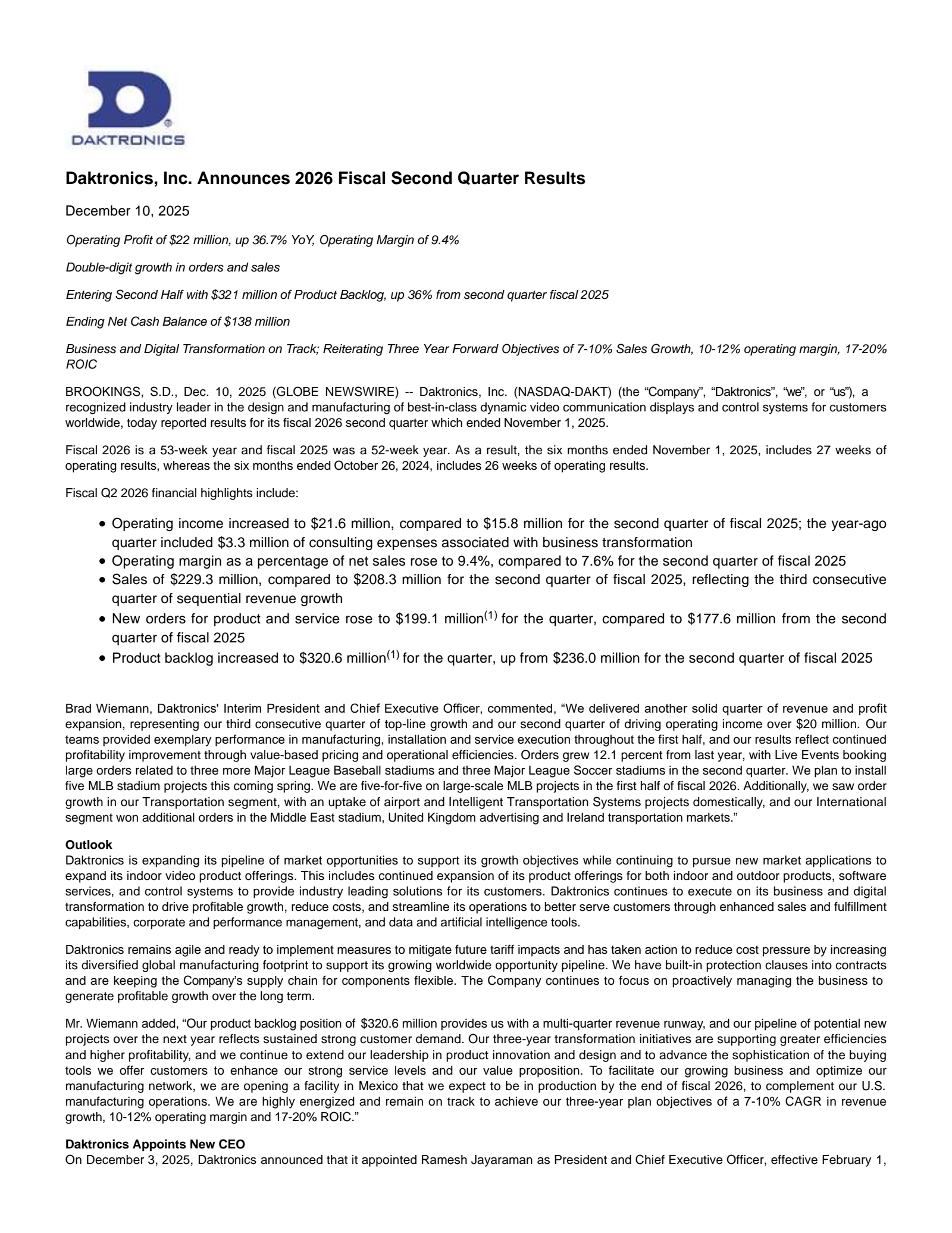 Daktronics' Q2 2026 Earnings Release