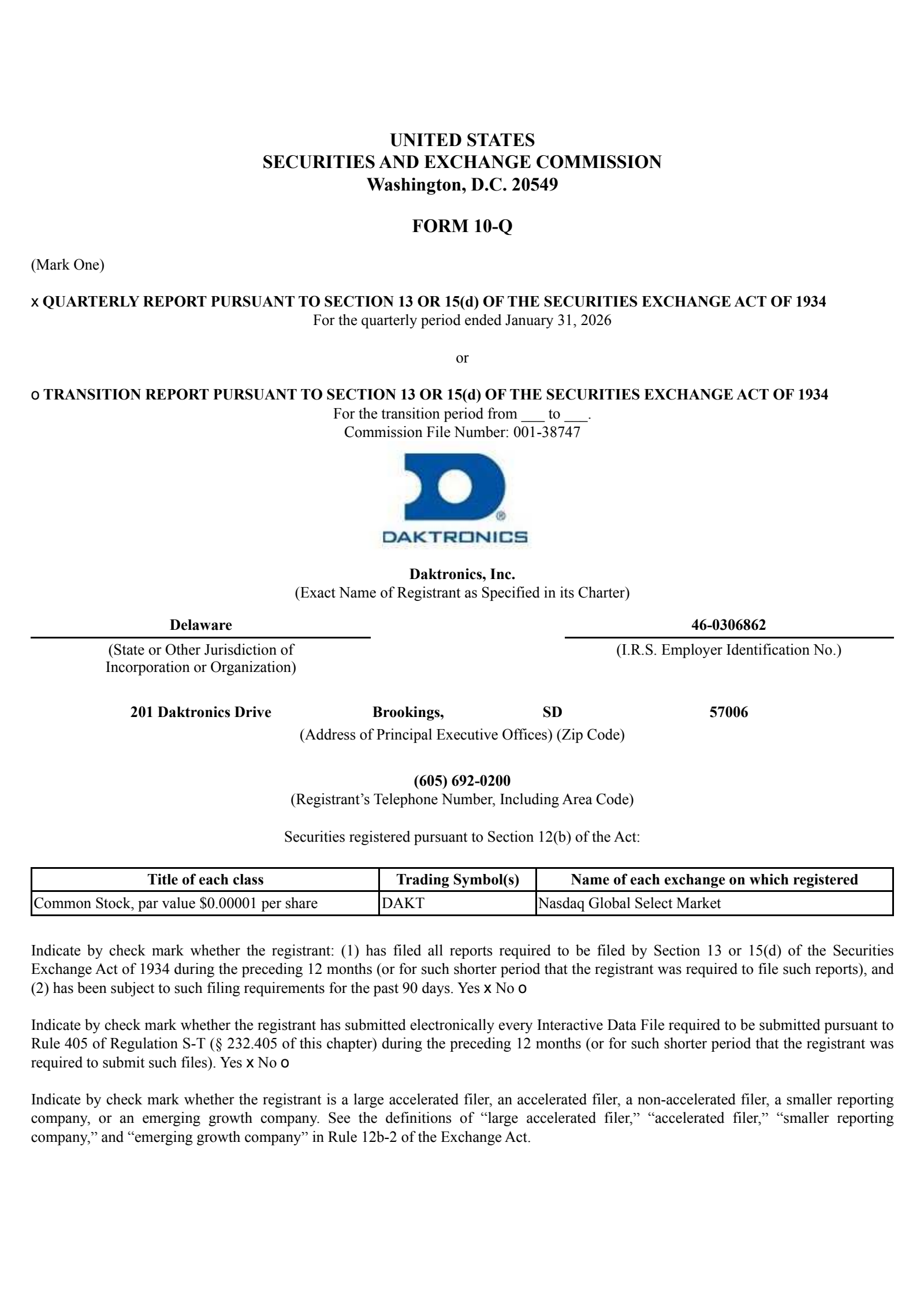 Daktronics' Q3 2026 Quarterly report
