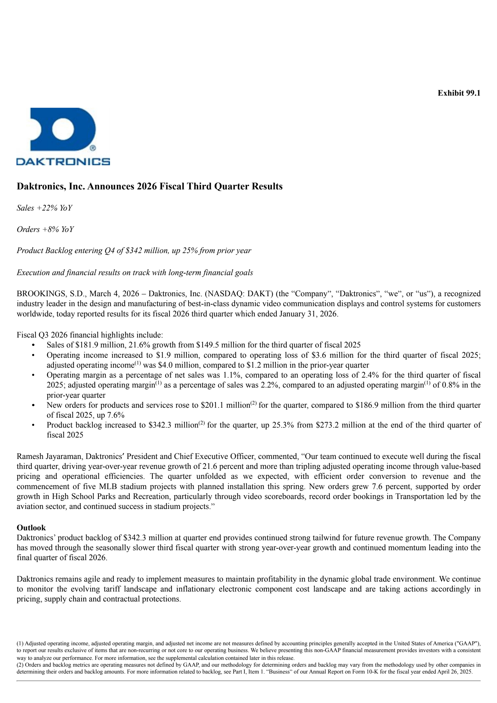 Daktronics' Q3 2026 Press Release